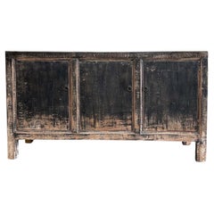 Vintage Reclaimed Elm Wood Painted 3 Door Black Cabinet