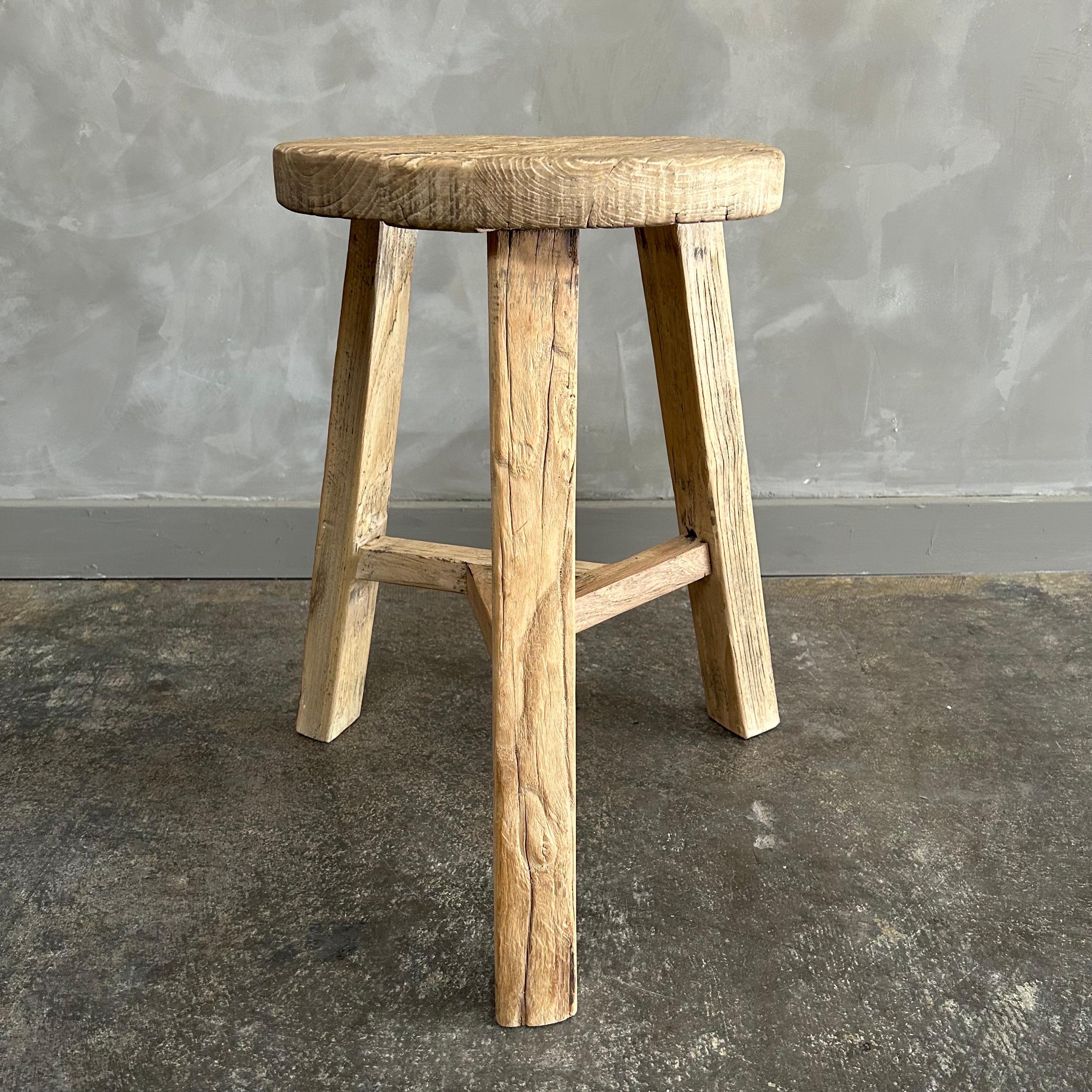 Organic Modern Vintage Reclaimed Elm Wood Round Stools For Sale