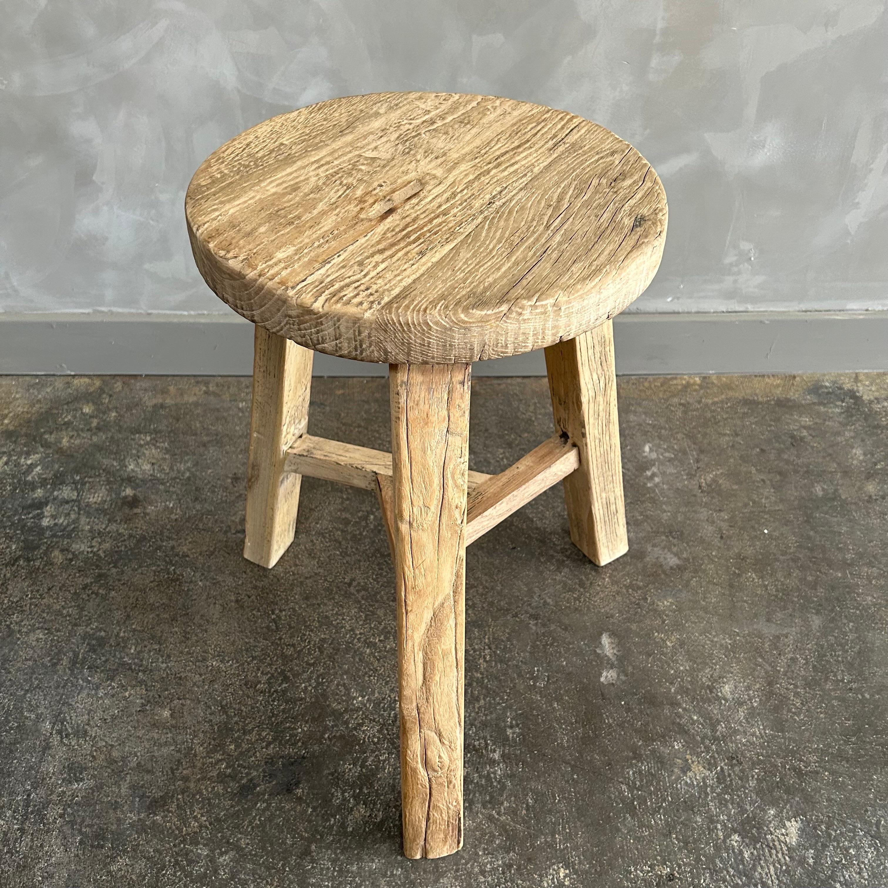 Vintage Reclaimed Elm Wood Round Stools In New Condition For Sale In Brea, CA