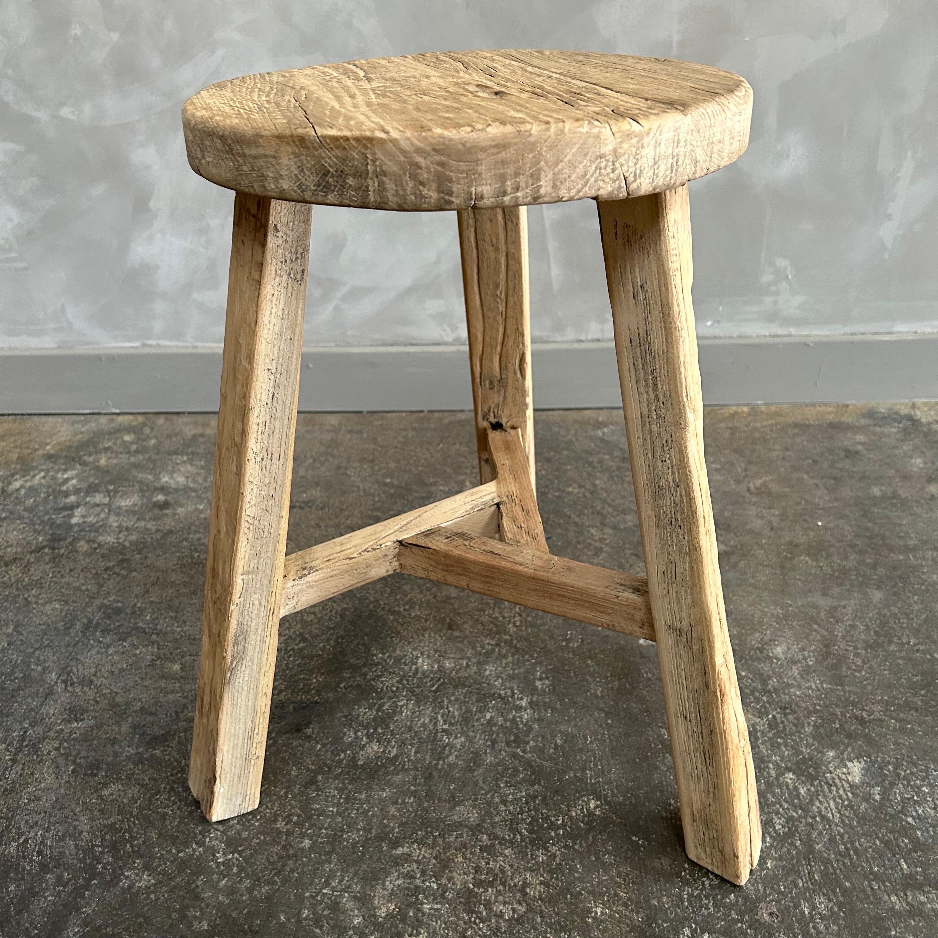 Vintage Reclaimed Elm Wood Round Stools For Sale 1