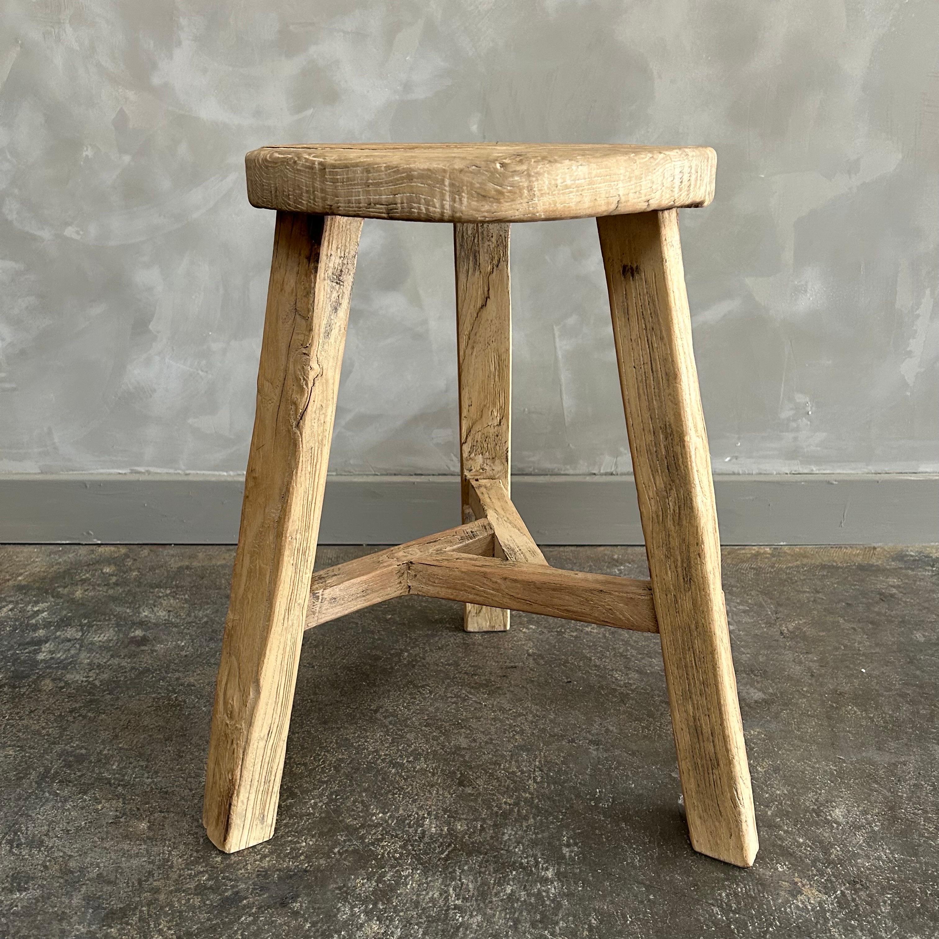 Vintage Reclaimed Elm Wood Round Stools For Sale 4