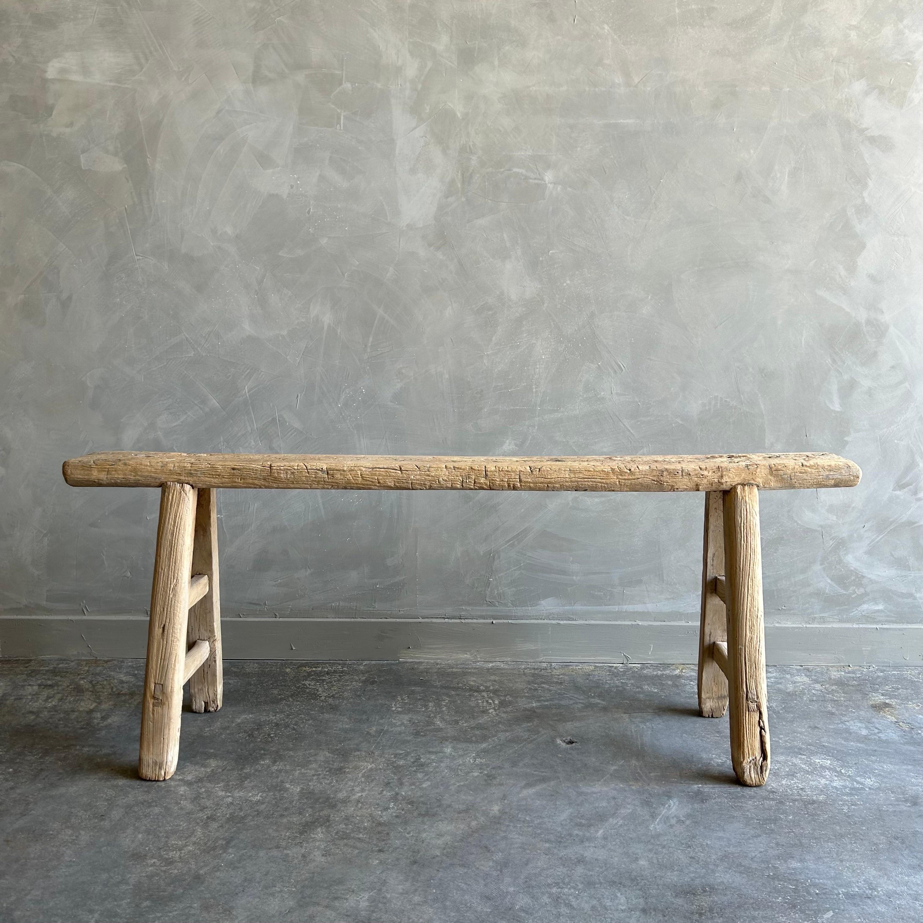 Vintage Reclaimed Elm Wood Skinny Bench For Sale at 1stDibs