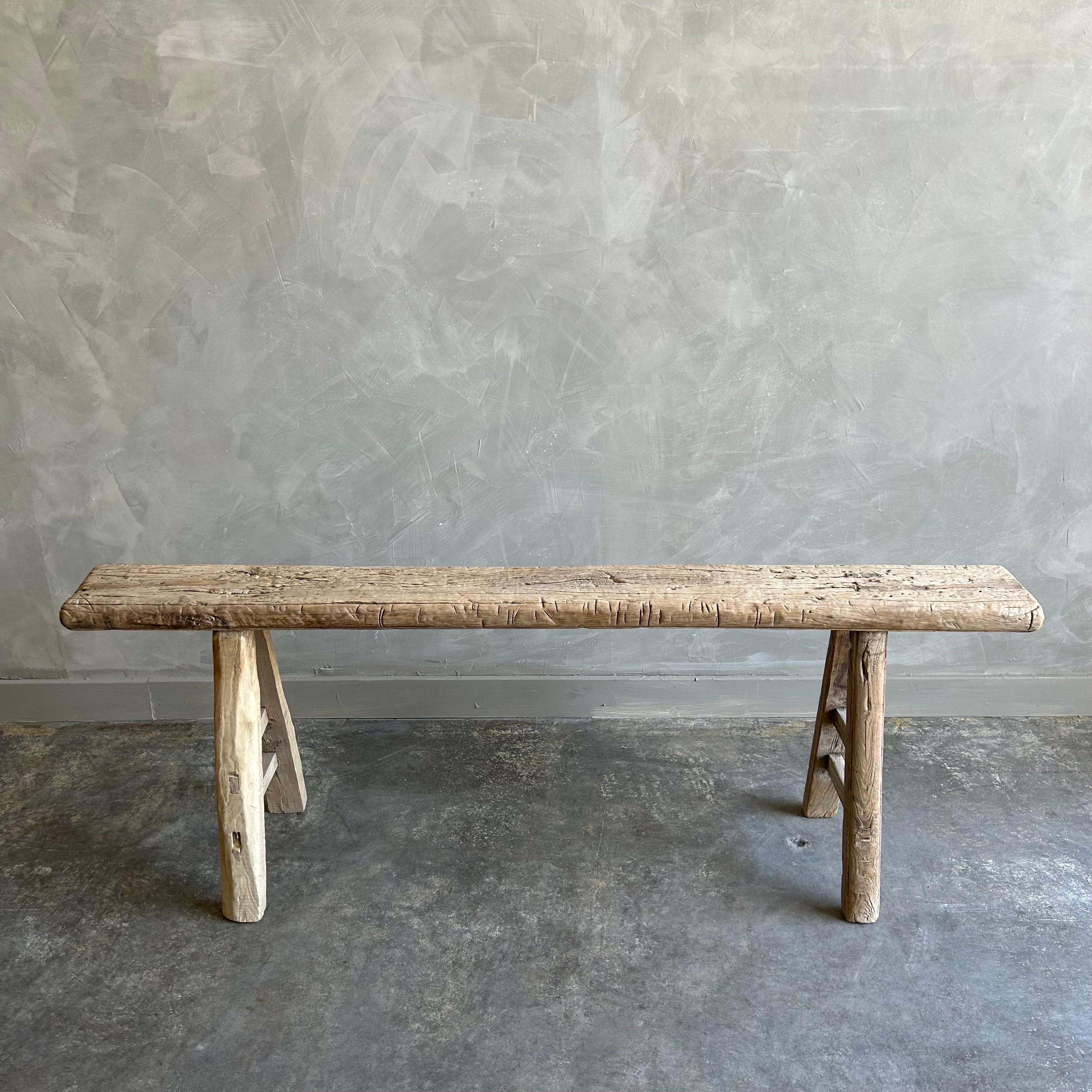 Bloom Home inc has over 2000 items in stock ready for immediate shipping, scroll down to view all of our items!
Elm skinny bench 55”w x 12”d x 20”h
SD:6”
Vintage antique elm wood skinny bench. These are the real vintage antique elm wood benches!