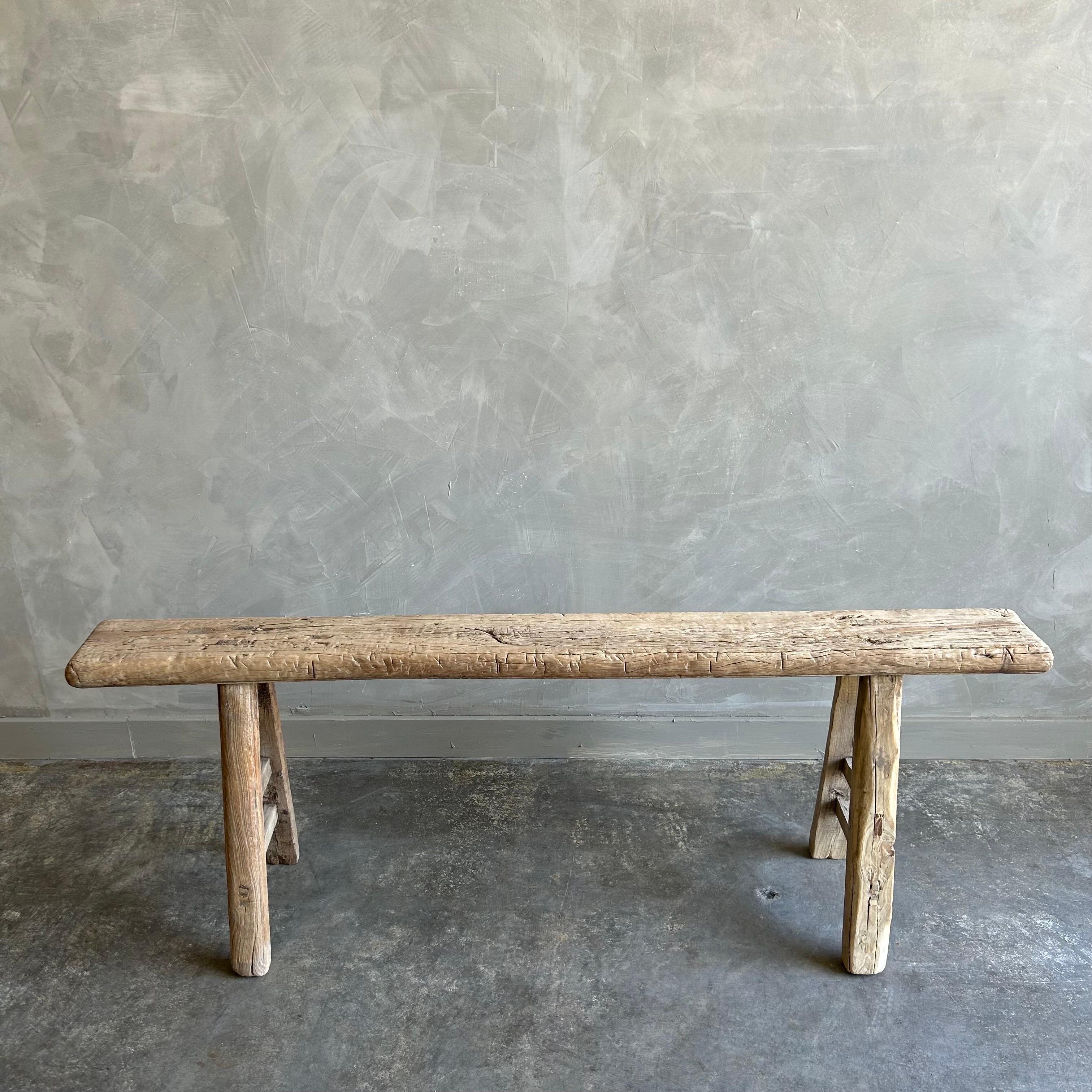 Vintage Reclaimed Elm Wood Skinny Bench In Good Condition In Brea, CA