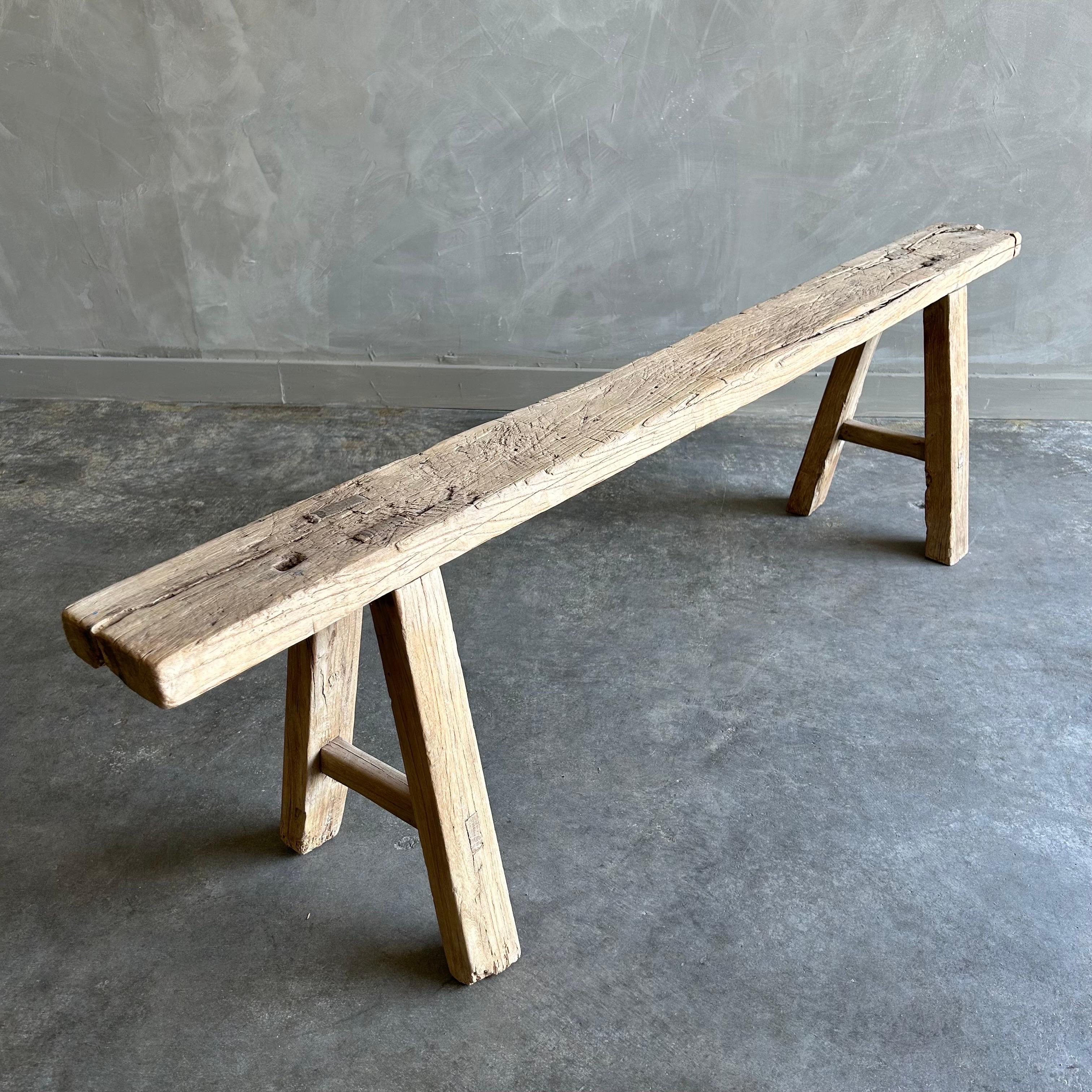 20th Century Vintage Reclaimed Elm Wood Skinny Bench 60