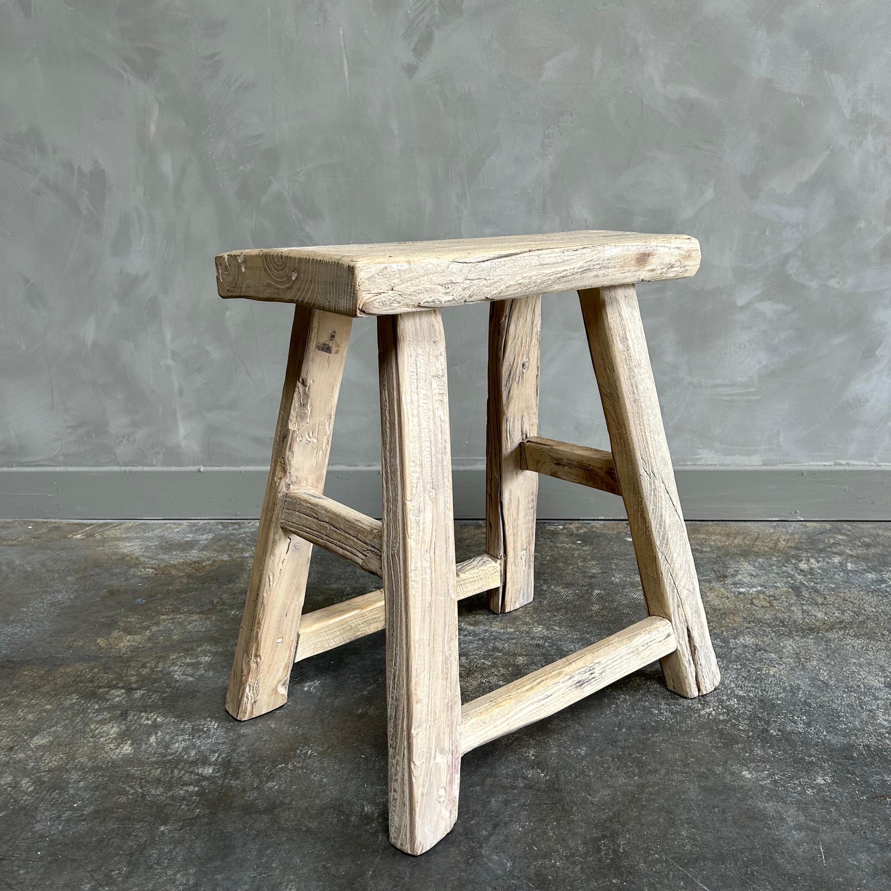 Vintage Reclaimed Elm Wood Stool In Good Condition For Sale In Brea, CA