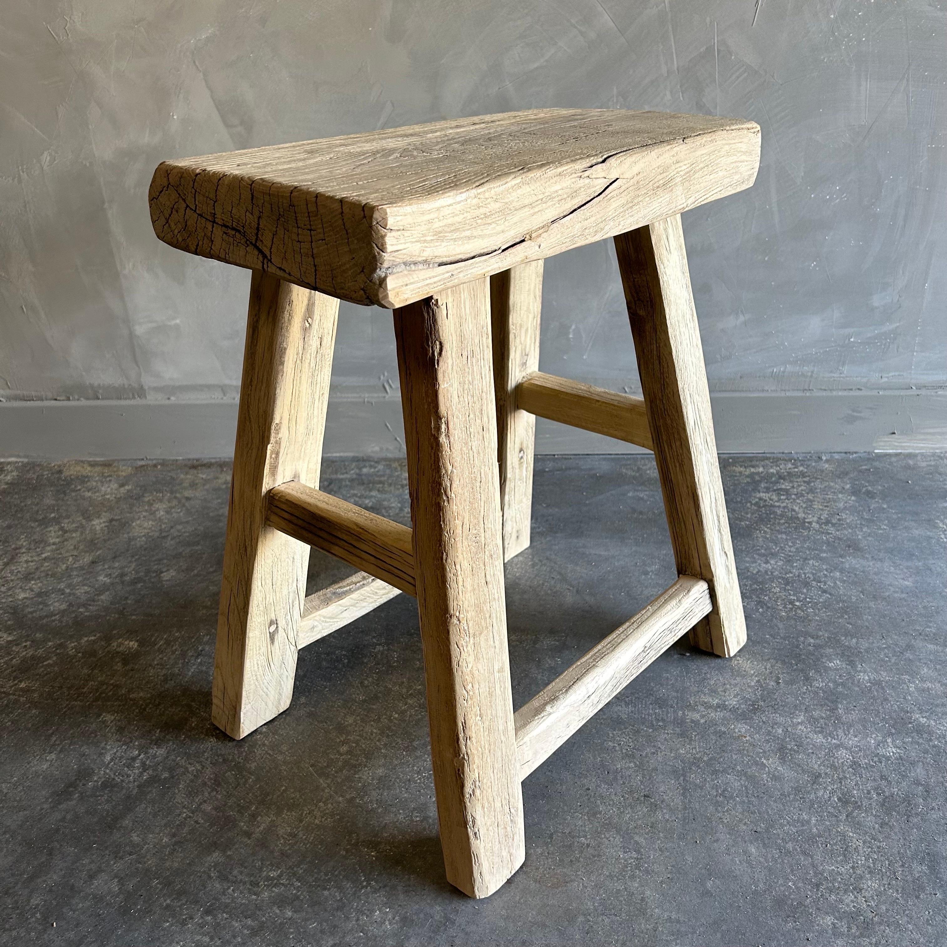 Vintage Reclaimed Elm Wood Stool In Good Condition In Brea, CA