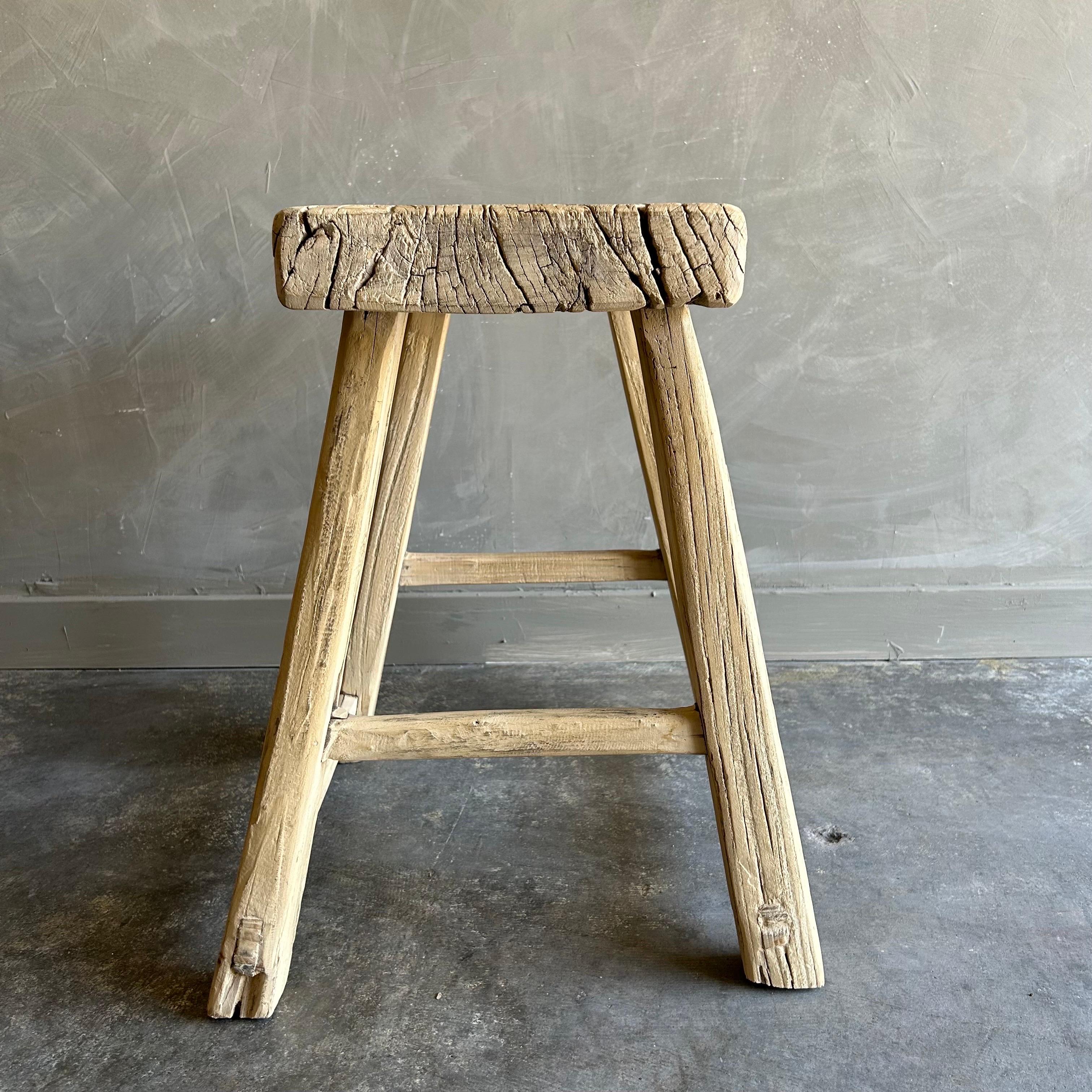 Vintage Reclaimed Elm Wood Stool In Good Condition In Brea, CA