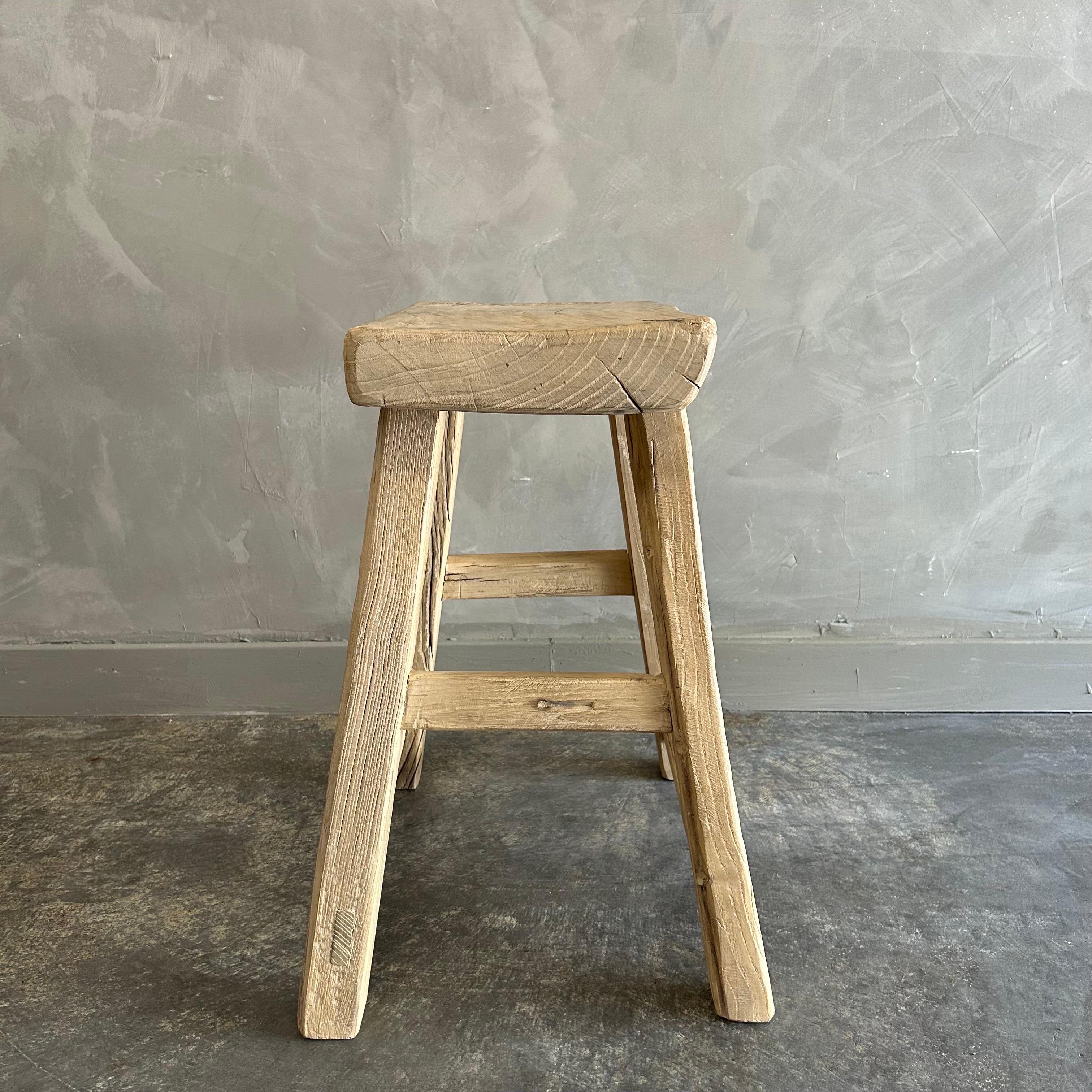 Vintage Reclaimed Elm Wood Stool In Good Condition For Sale In Brea, CA