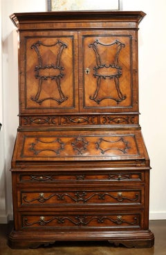 Vintage Reclaimed Italian Walnut Secretary with Carved Details, circa 1950