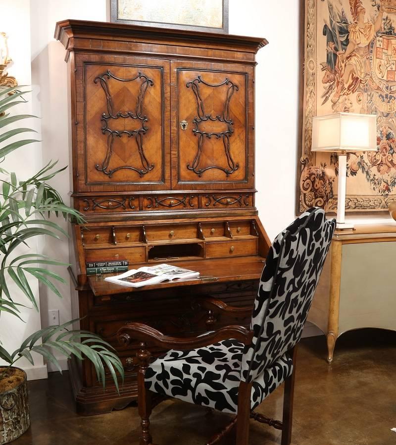 Hand-Carved Vintage Reclaimed Italian Walnut Secretary with Carved Details, circa 1950 For Sale