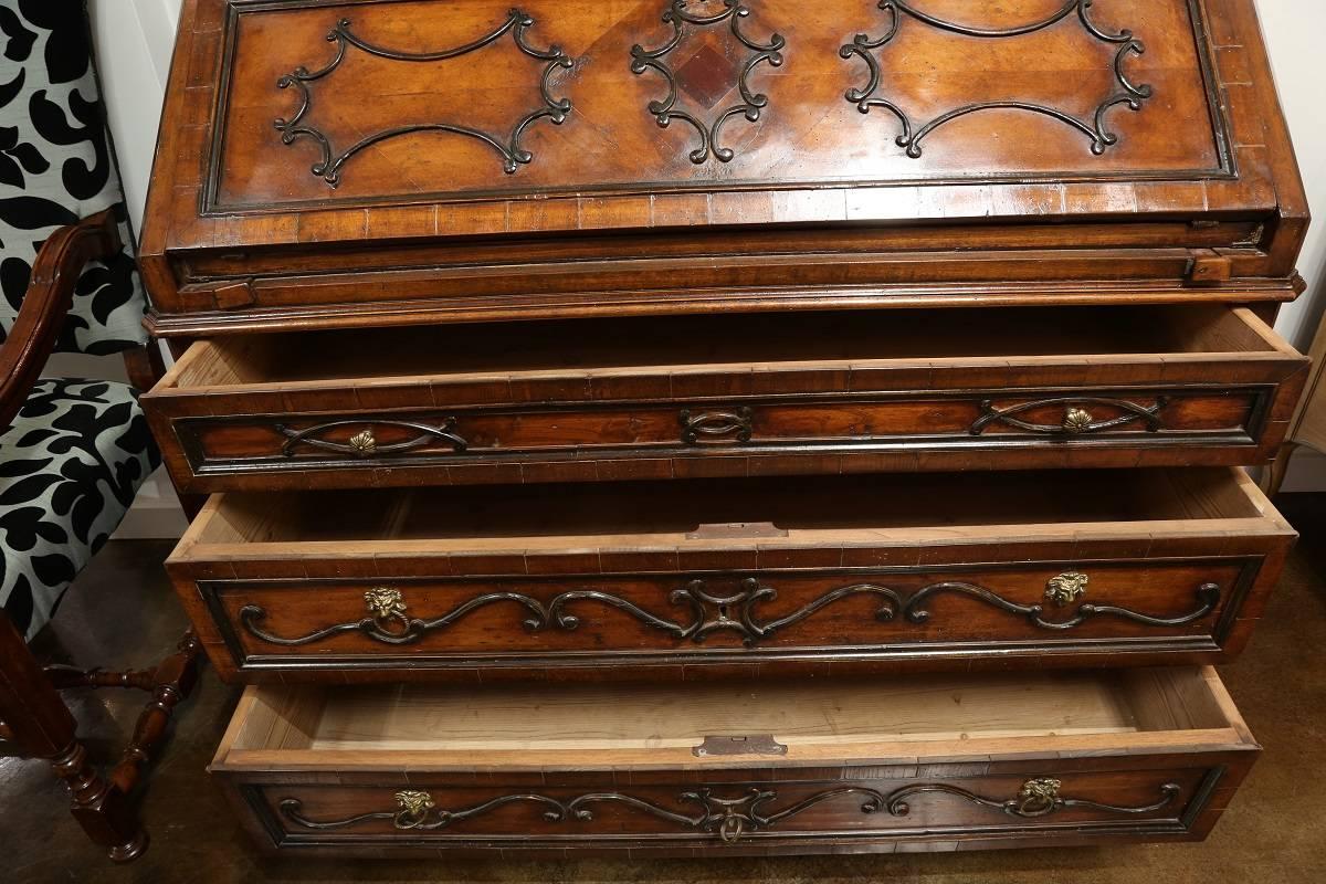 20th Century Vintage Reclaimed Italian Walnut Secretary with Carved Details, circa 1950 For Sale