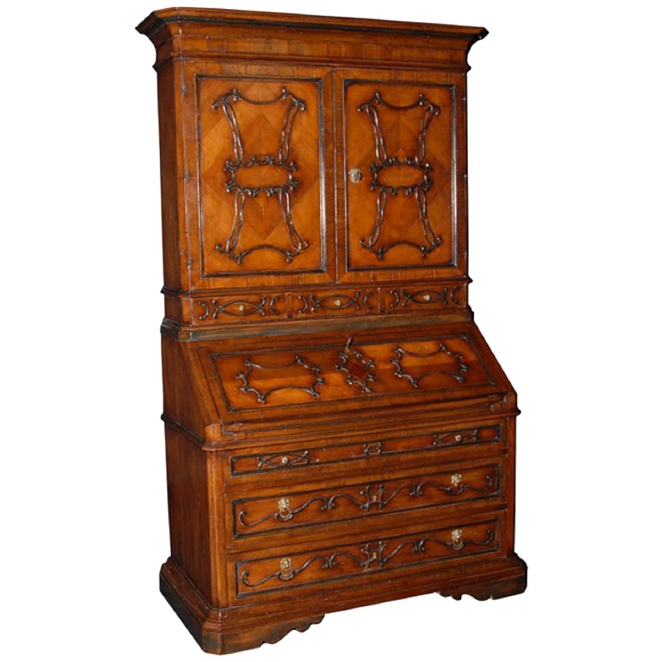 Vintage Reclaimed Italian Walnut Secretary with Carved Details, circa 1950 For Sale