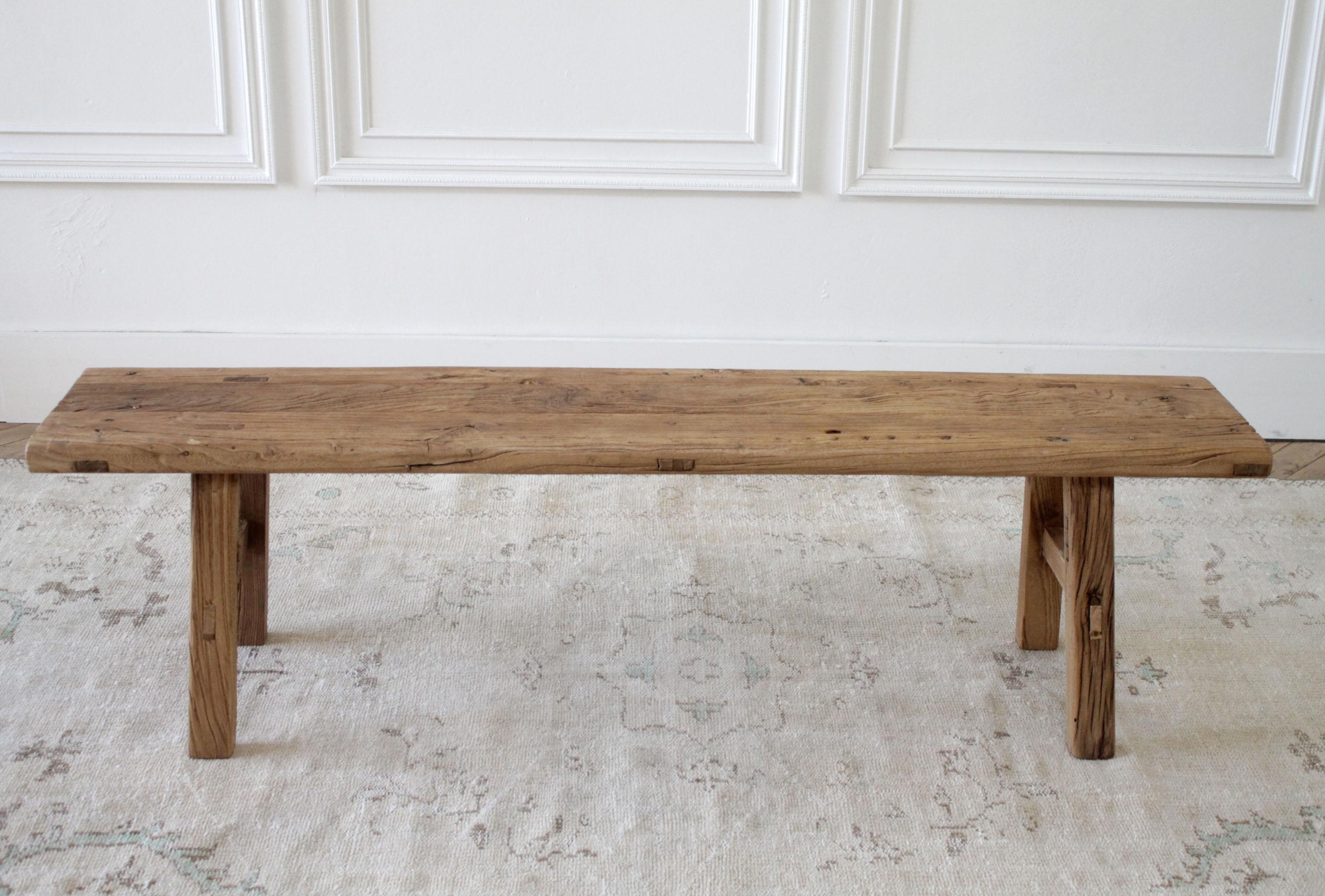 Asian Vintage Reclaimed Natural Elm Wood Bench with Wide Seat