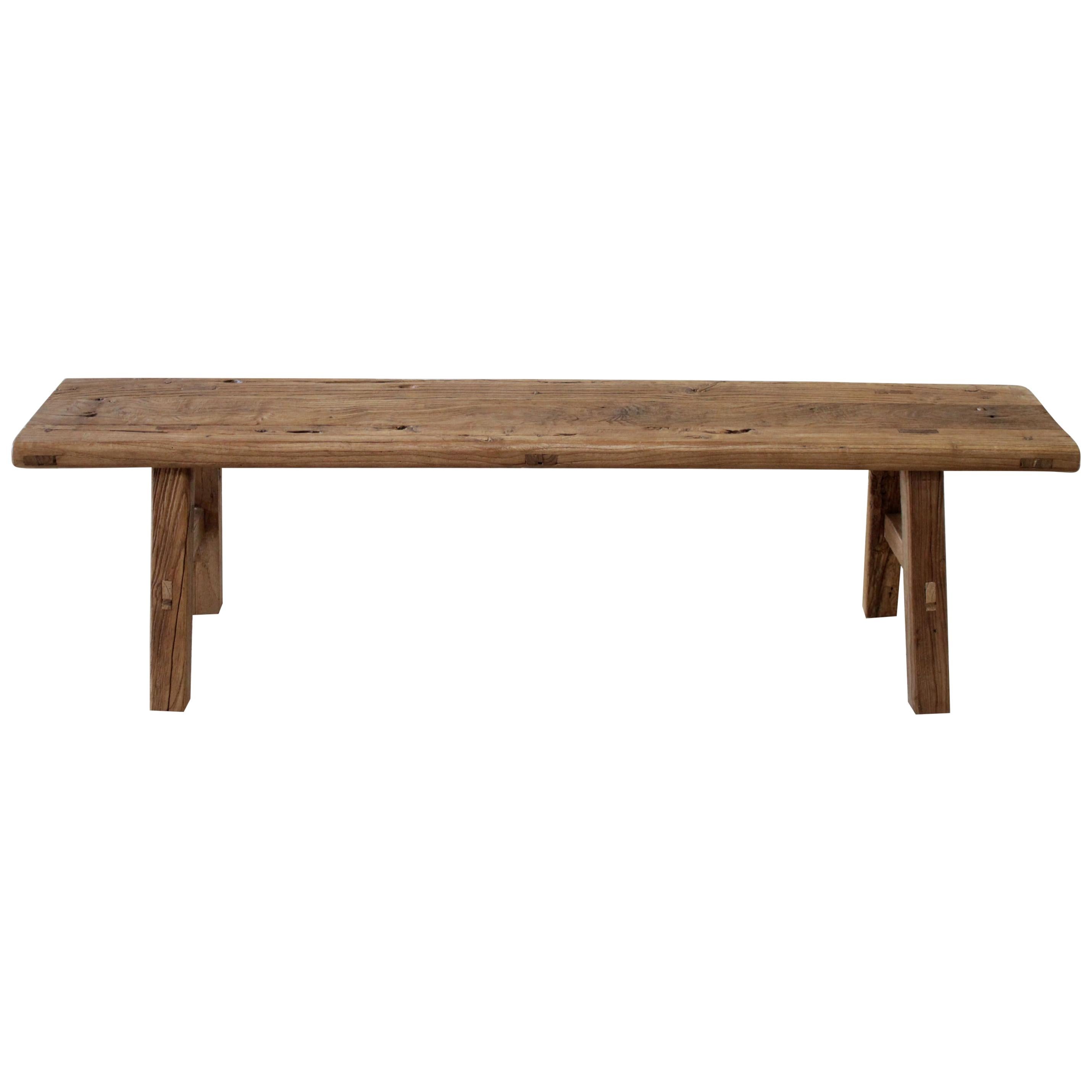 Vintage Reclaimed Natural Elm Wood Bench with Wide Seat