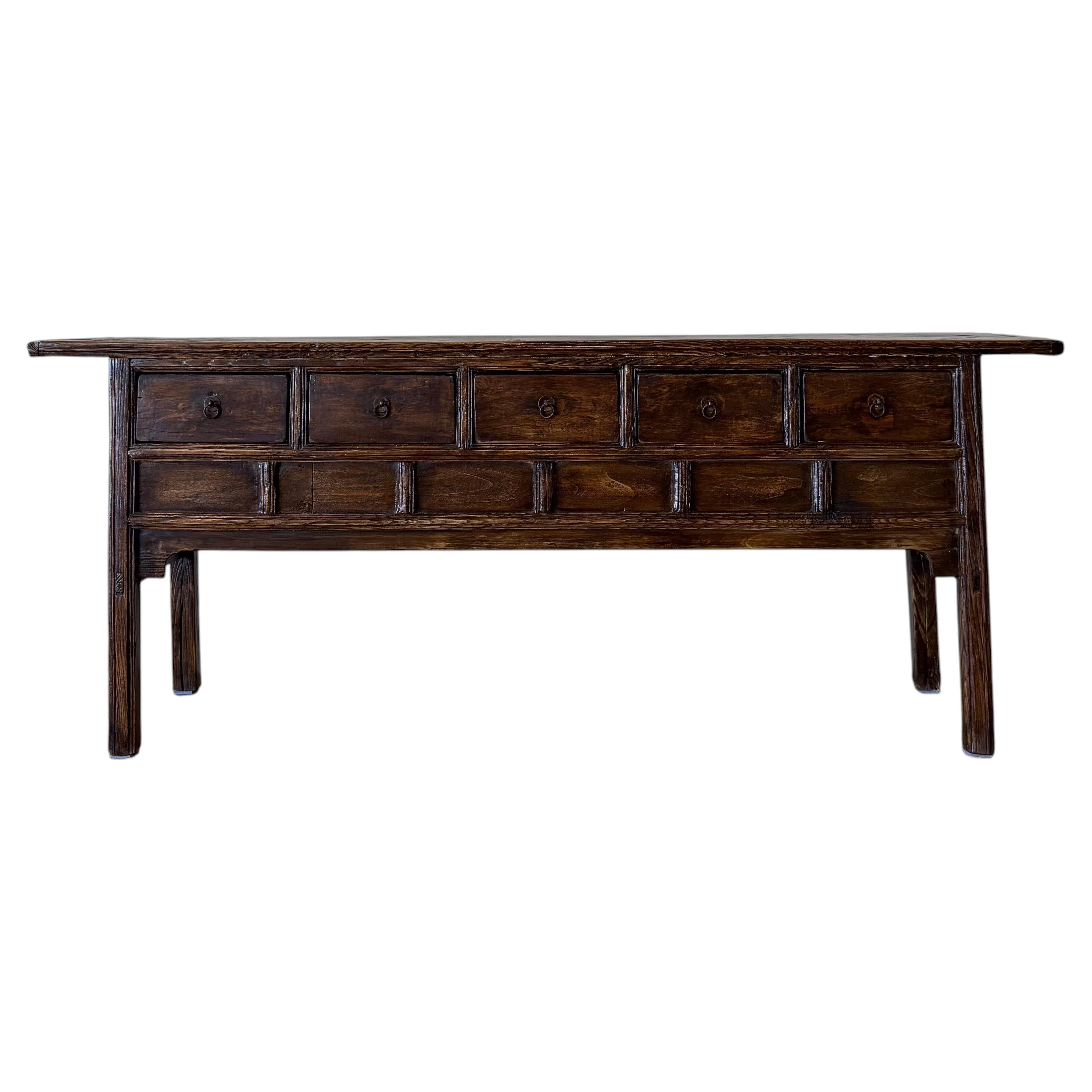Vintage Reclaimed Pine 5 Drawer Console c. 1920