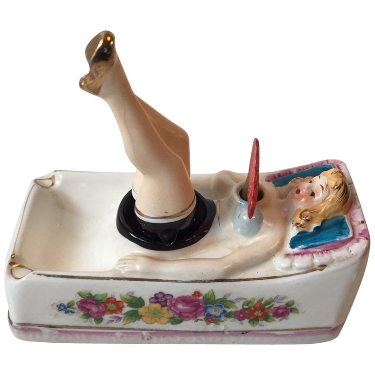Vintage Reclining, Dancing Cancan Porcelain Ashtray by Takito, Japan