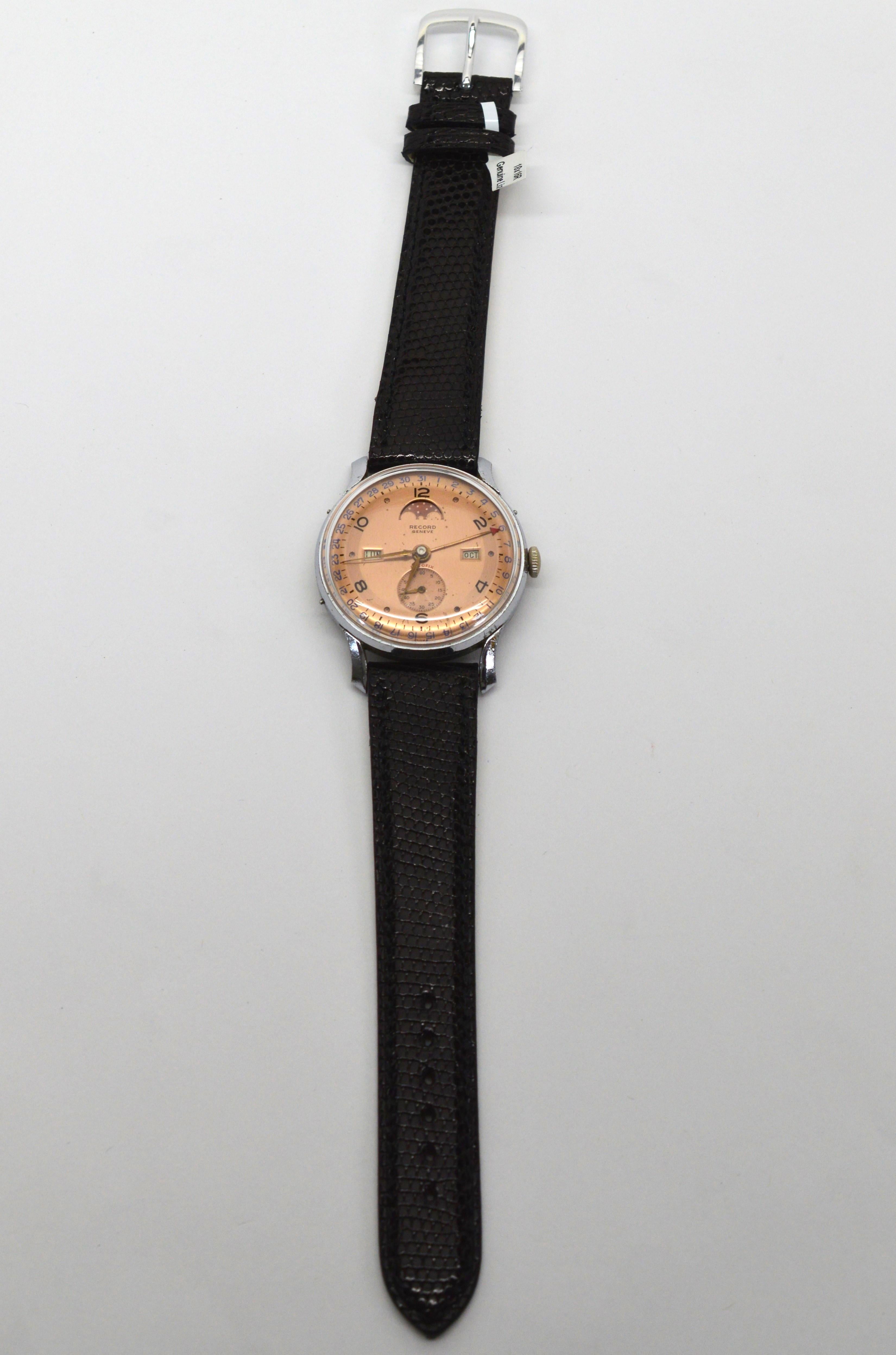 Vintage Record Watch Co. Moonphase Wrist Watch In Good Condition For Sale In Mount Kisco, NY