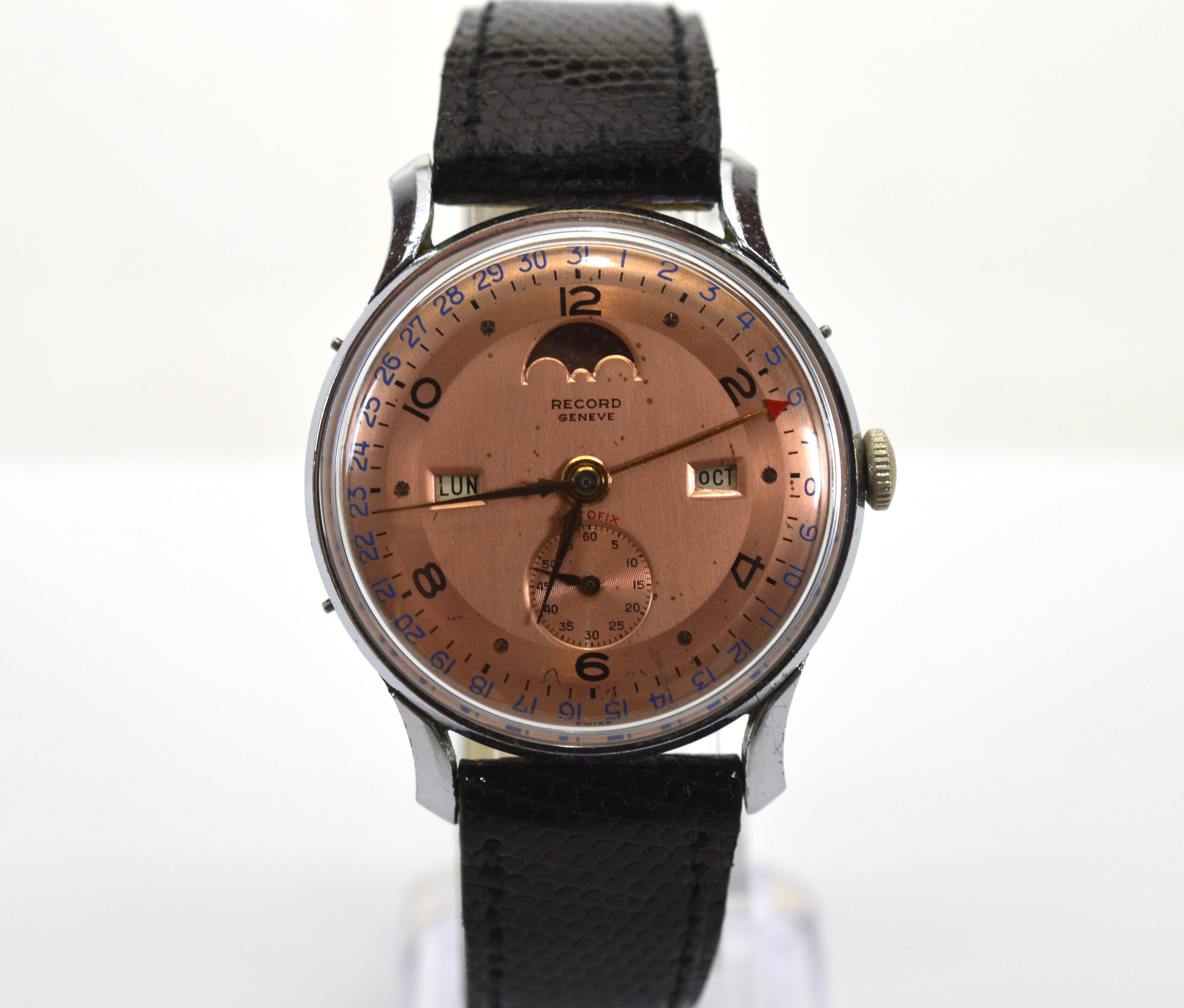 Vintage Record Watch Co. Moonphase Wrist Watch For Sale 1