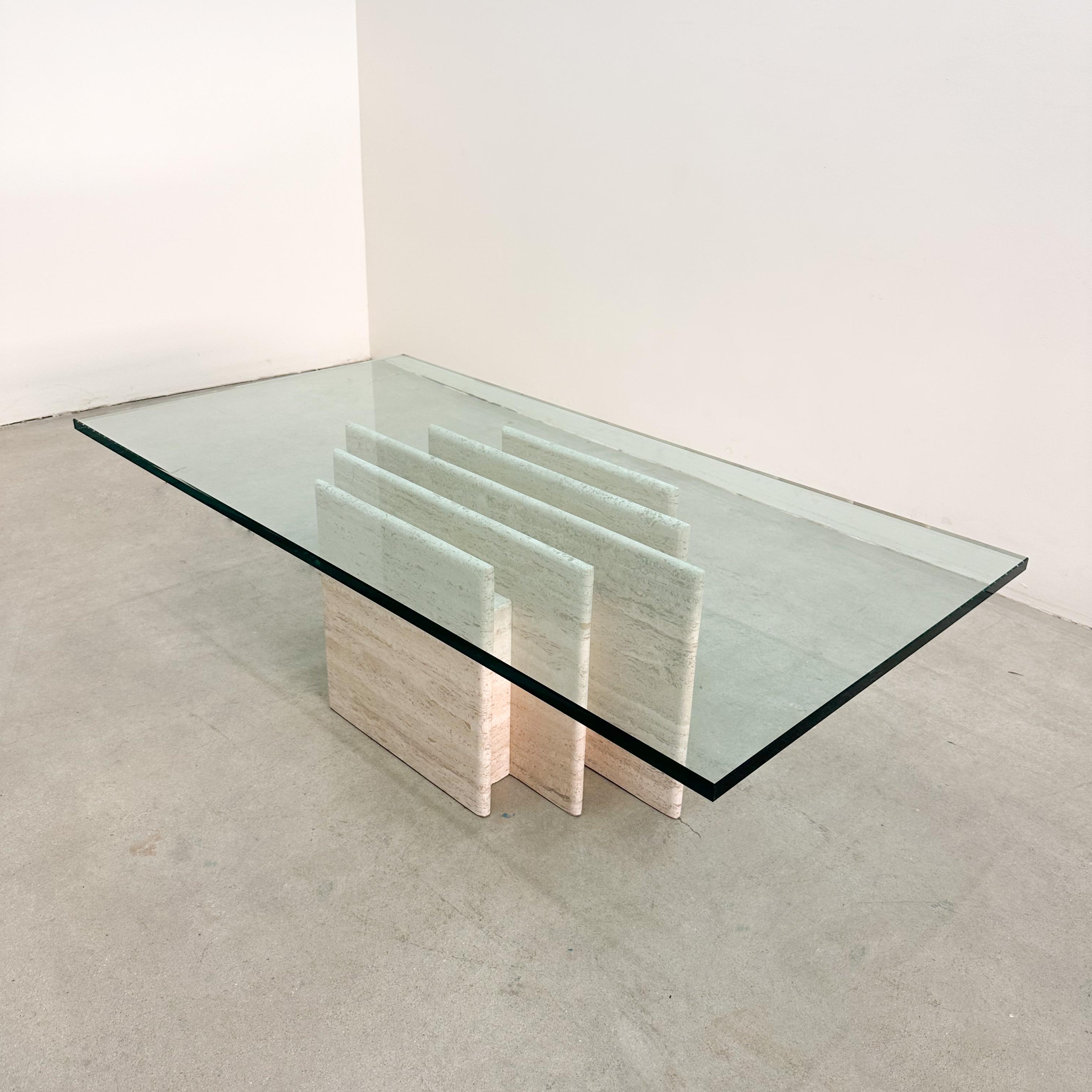 Vintage Mid-Century Modern Rectangular Travertine Base Coffee Table Glass Top For Sale 5