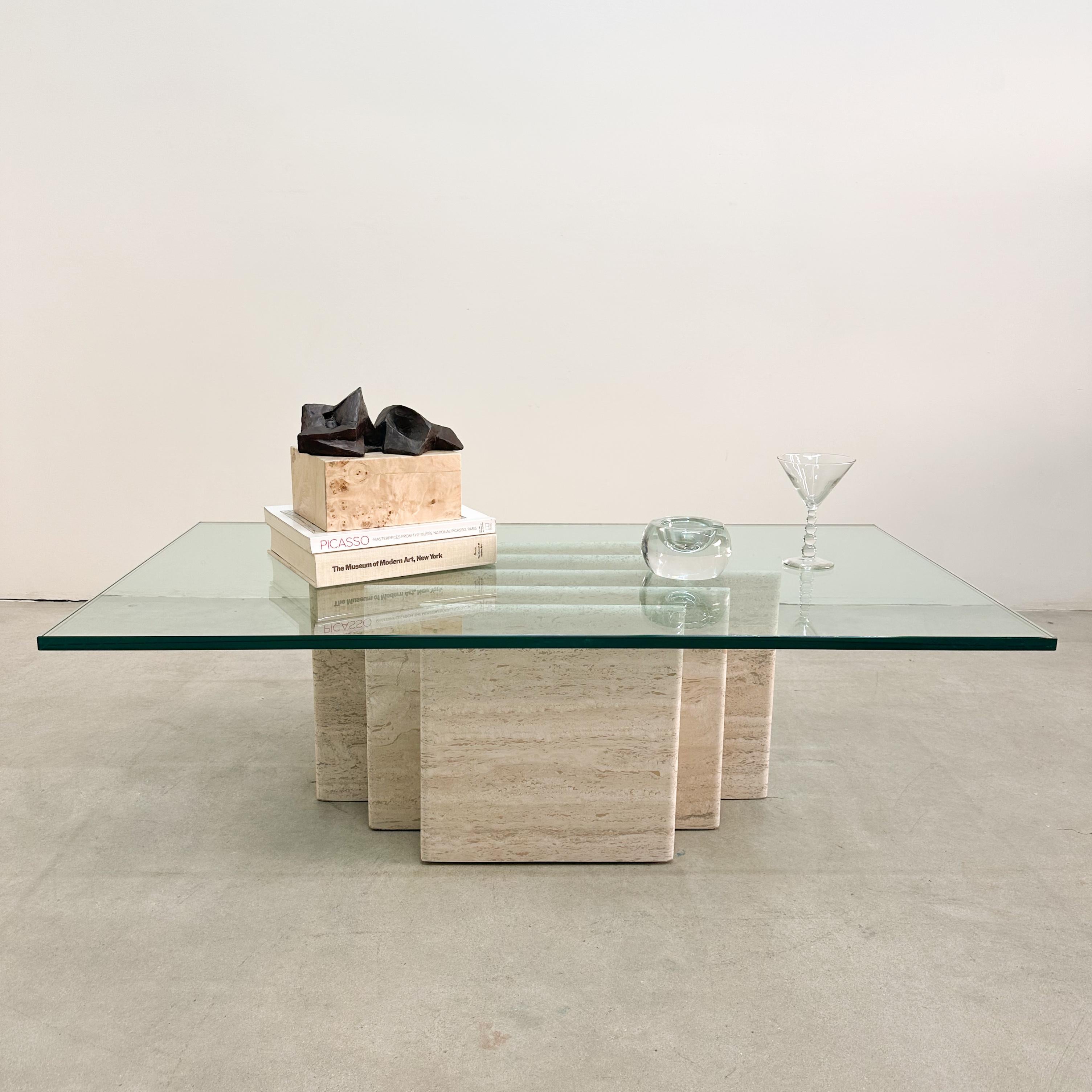 Unknown Vintage Mid-Century Modern Rectangular Travertine Base Coffee Table Glass Top For Sale