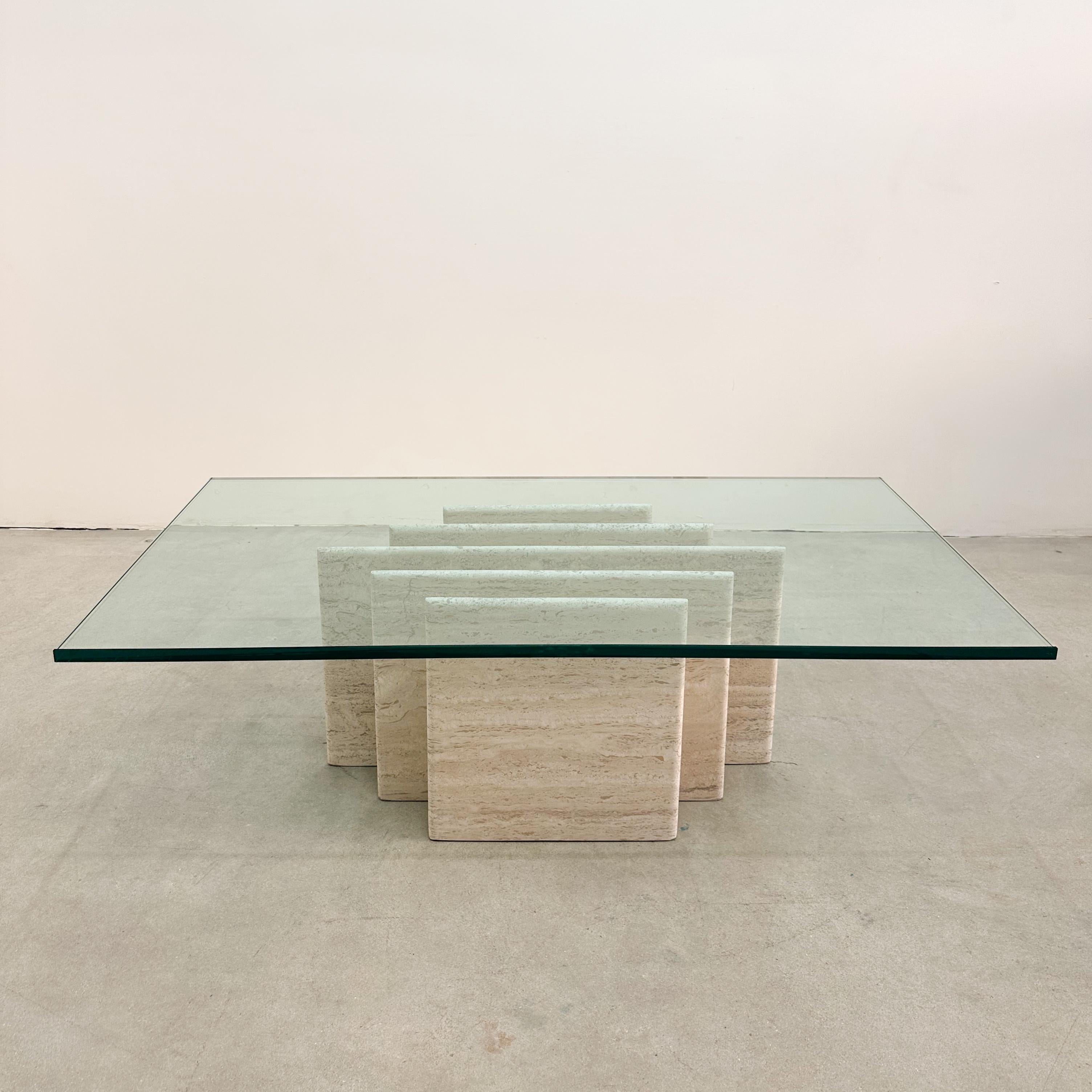 Late 20th Century Vintage Mid-Century Modern Rectangular Travertine Base Coffee Table Glass Top For Sale