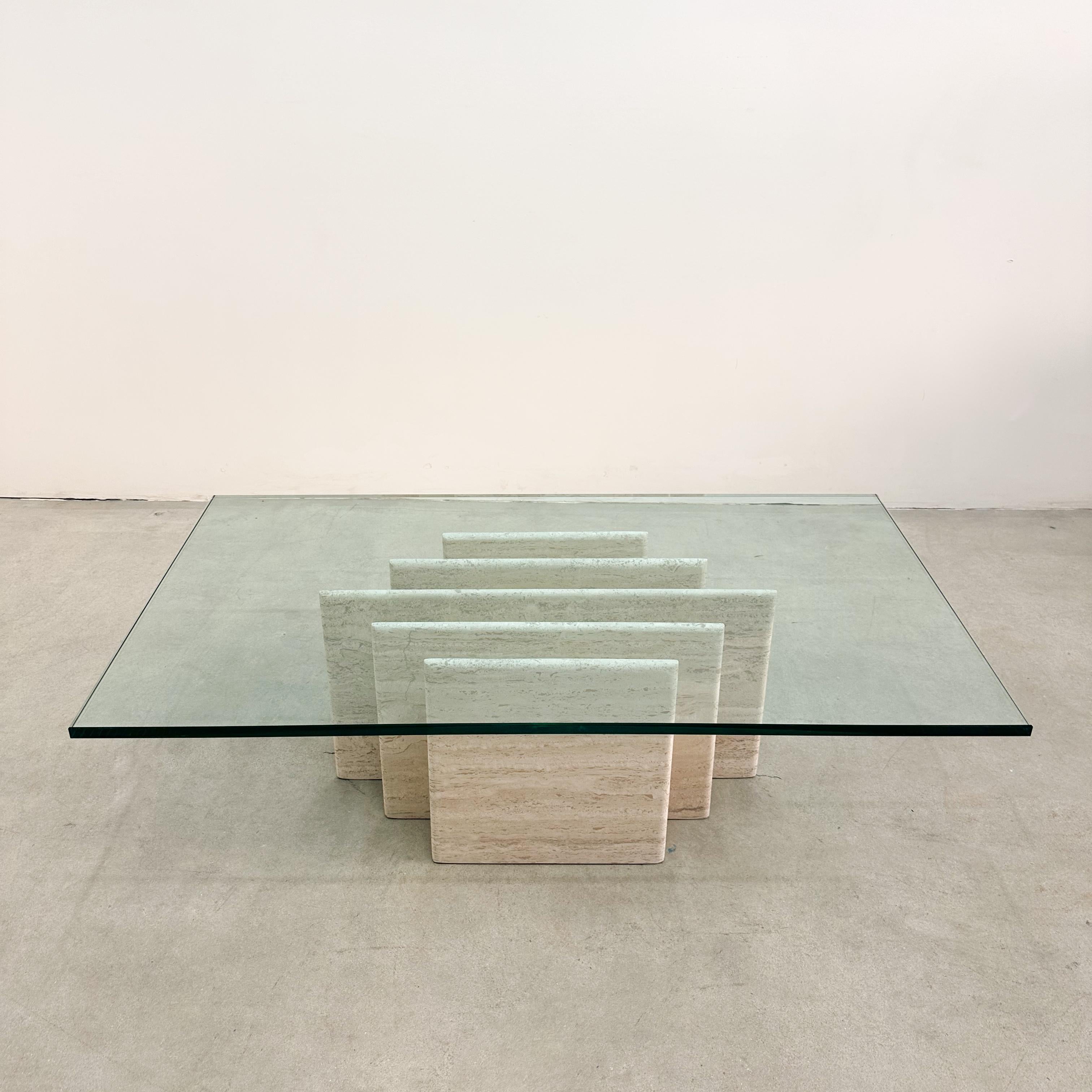 Vintage Mid-Century Modern Rectangular Travertine Base Coffee Table Glass Top For Sale 1