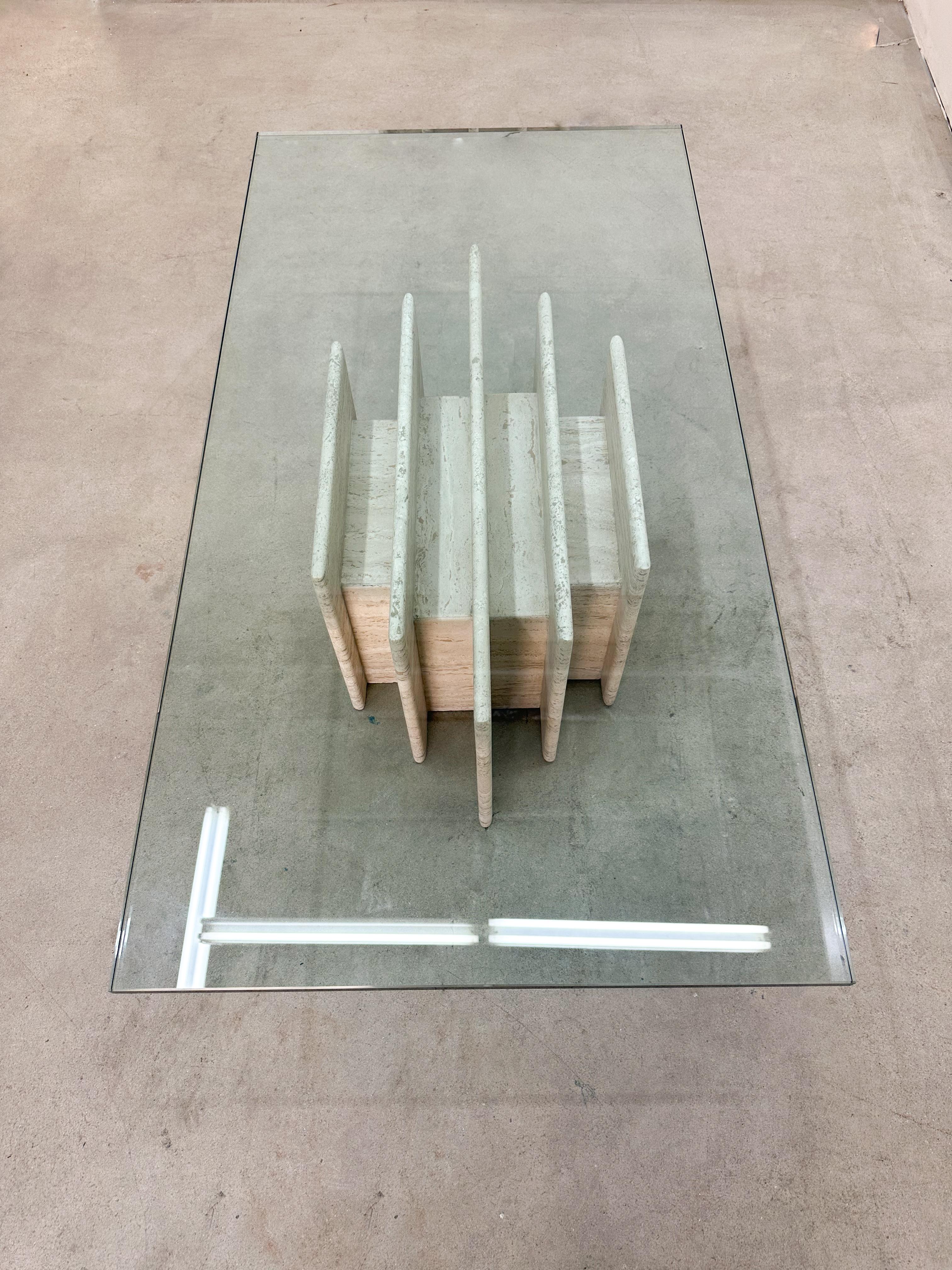 Vintage Mid-Century Modern Rectangular Travertine Base Coffee Table Glass Top For Sale 2