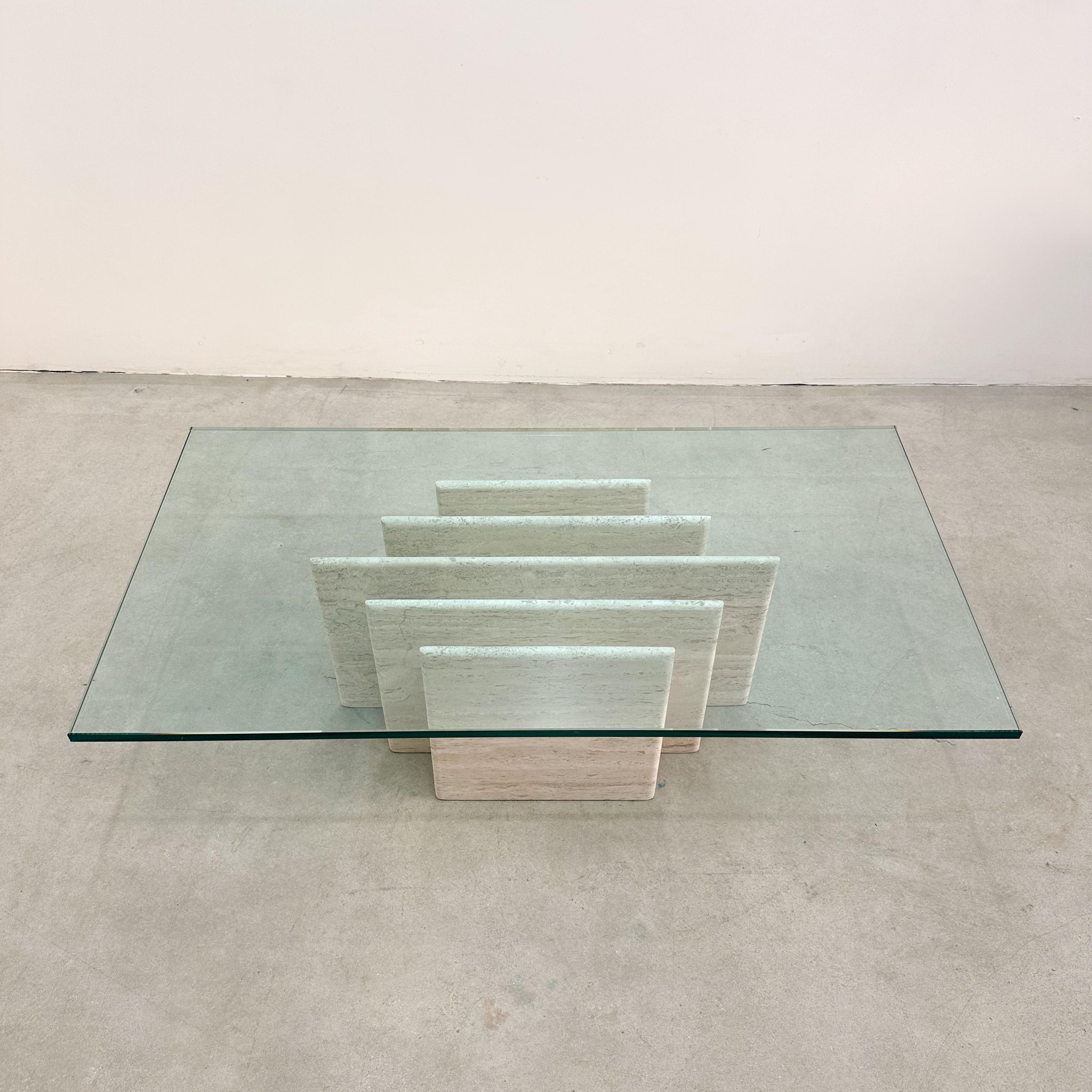 Vintage Mid-Century Modern Rectangular Travertine Base Coffee Table Glass Top For Sale 3