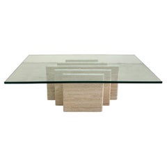 Vintage Mid-Century Modern Rectangular Travertine Base Coffee Table Glass Top