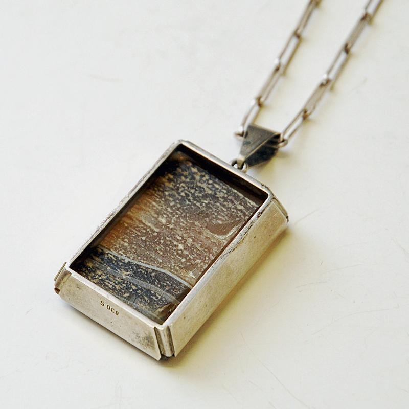 Silver Vintage Rectangular Agate Stone Necklace, Sweden, 1970s