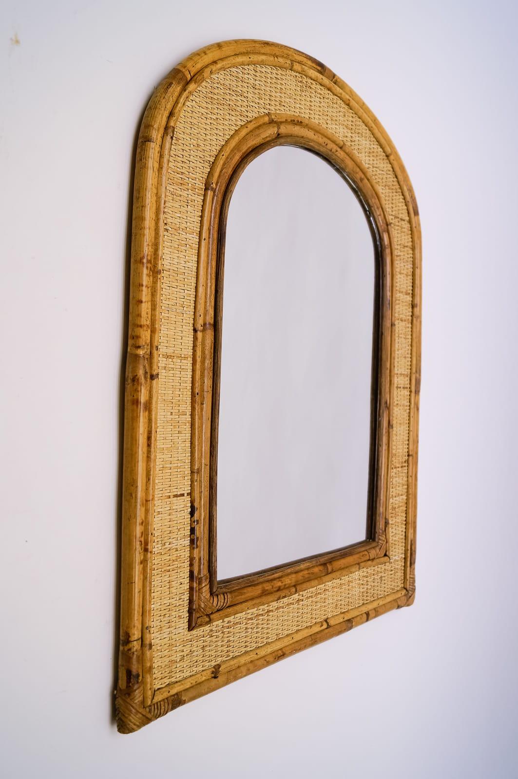 Vintage bamboo mirror with rounded top and woven wicker frame.
Rectangular bamboo framed mirror with bent bamboo details and original wood backing.
Finished in all sizes with original wood backing. Hanging hook in the back.
Size: 30” height x 22”