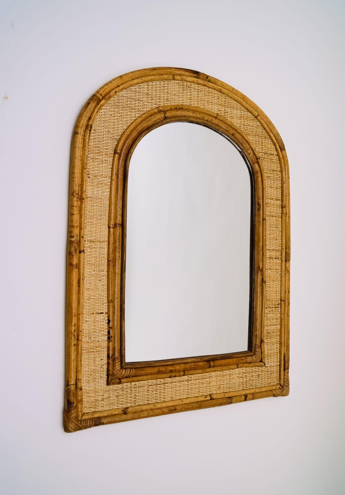 Vintage Rectangular Bamboo Mirror with Rounded Top For Sale at 1stDibs