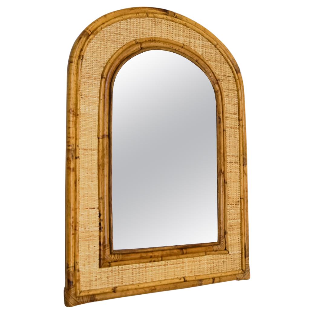 Vintage Rectangular Bamboo Mirror with Rounded Top