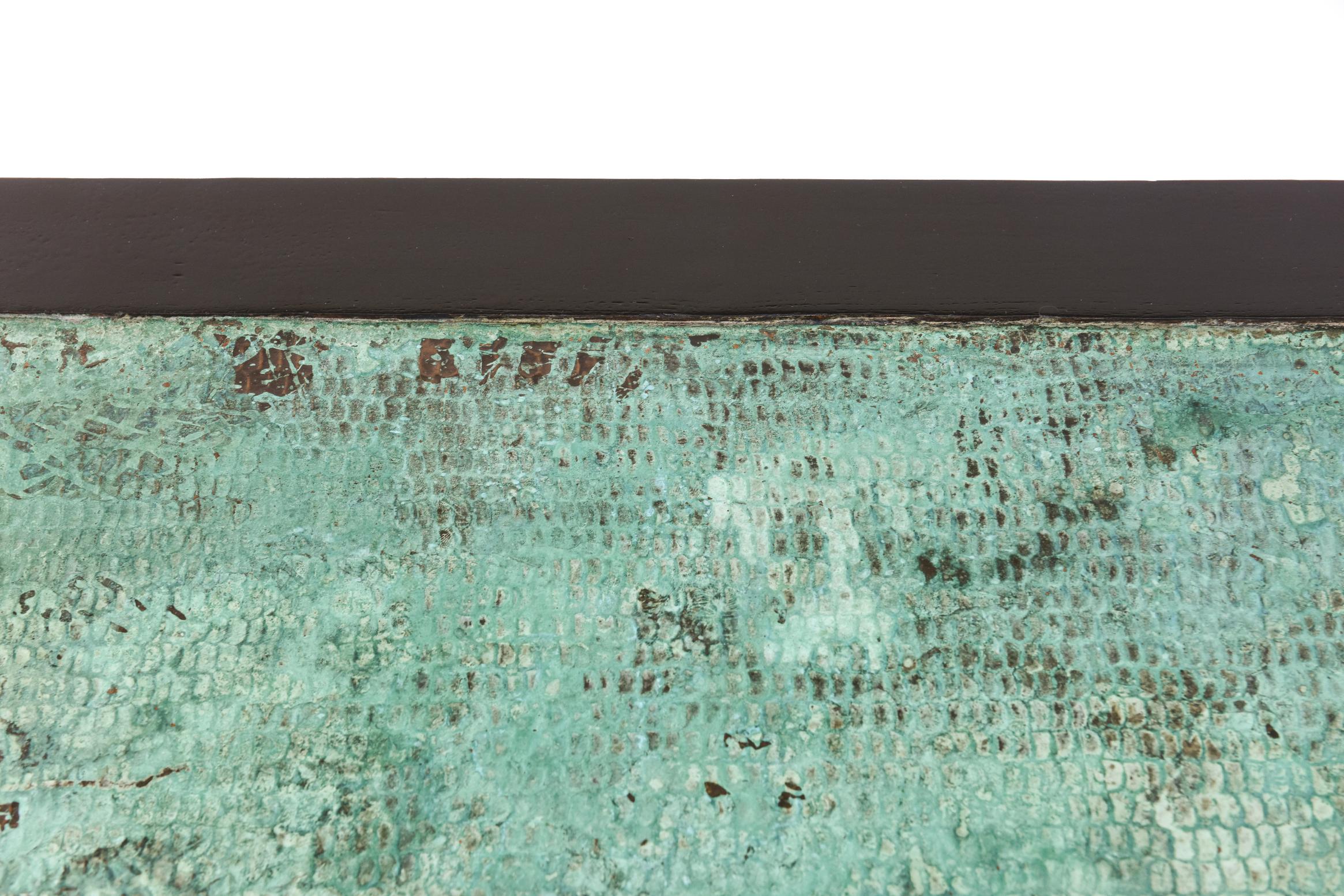Vintage Rectangular Black Wood and Patinated Copper Turquoise Top Cocktail Table For Sale 5