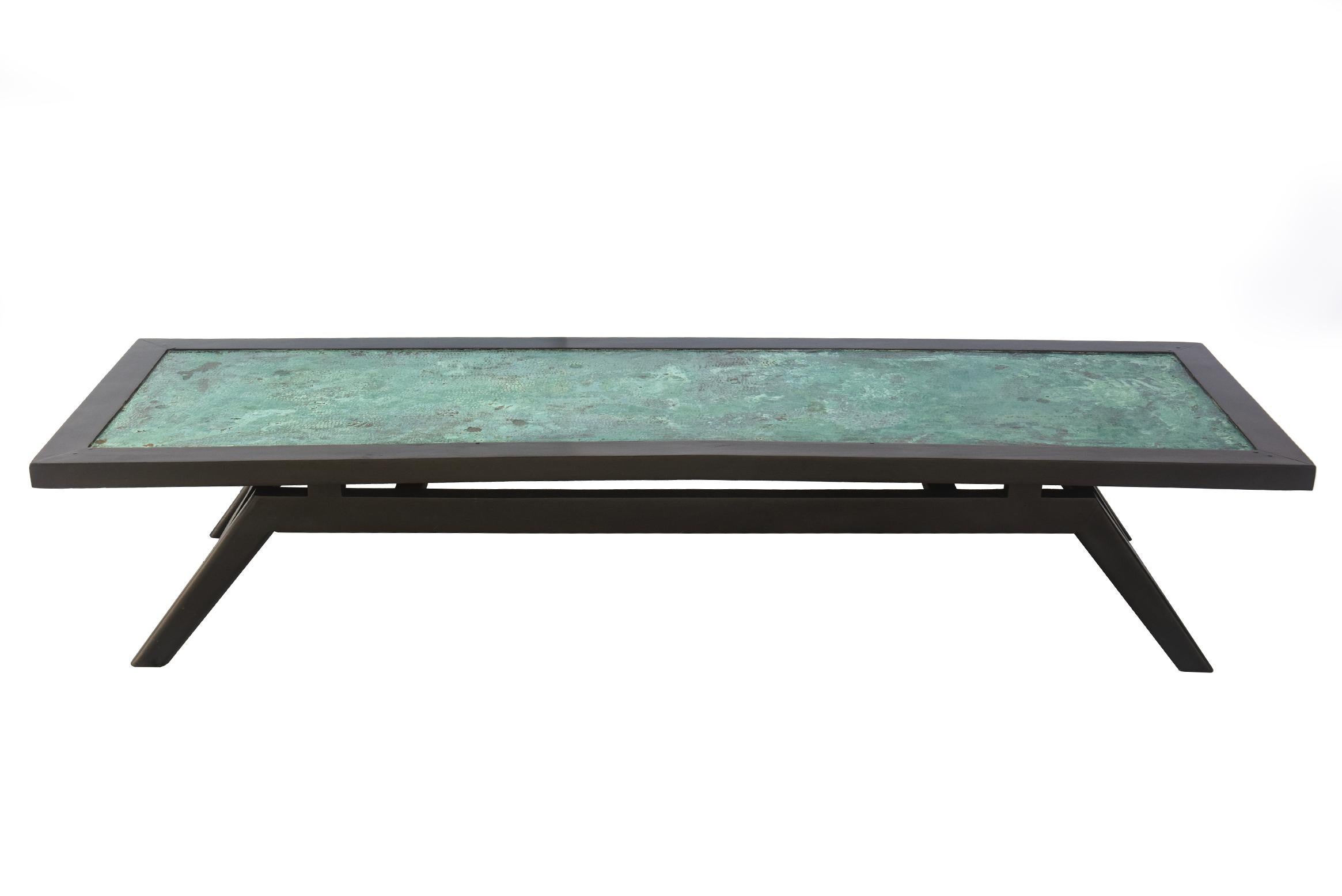 Vintage Rectangular Black Wood and Patinated Copper Turquoise Top Cocktail Table For Sale 5