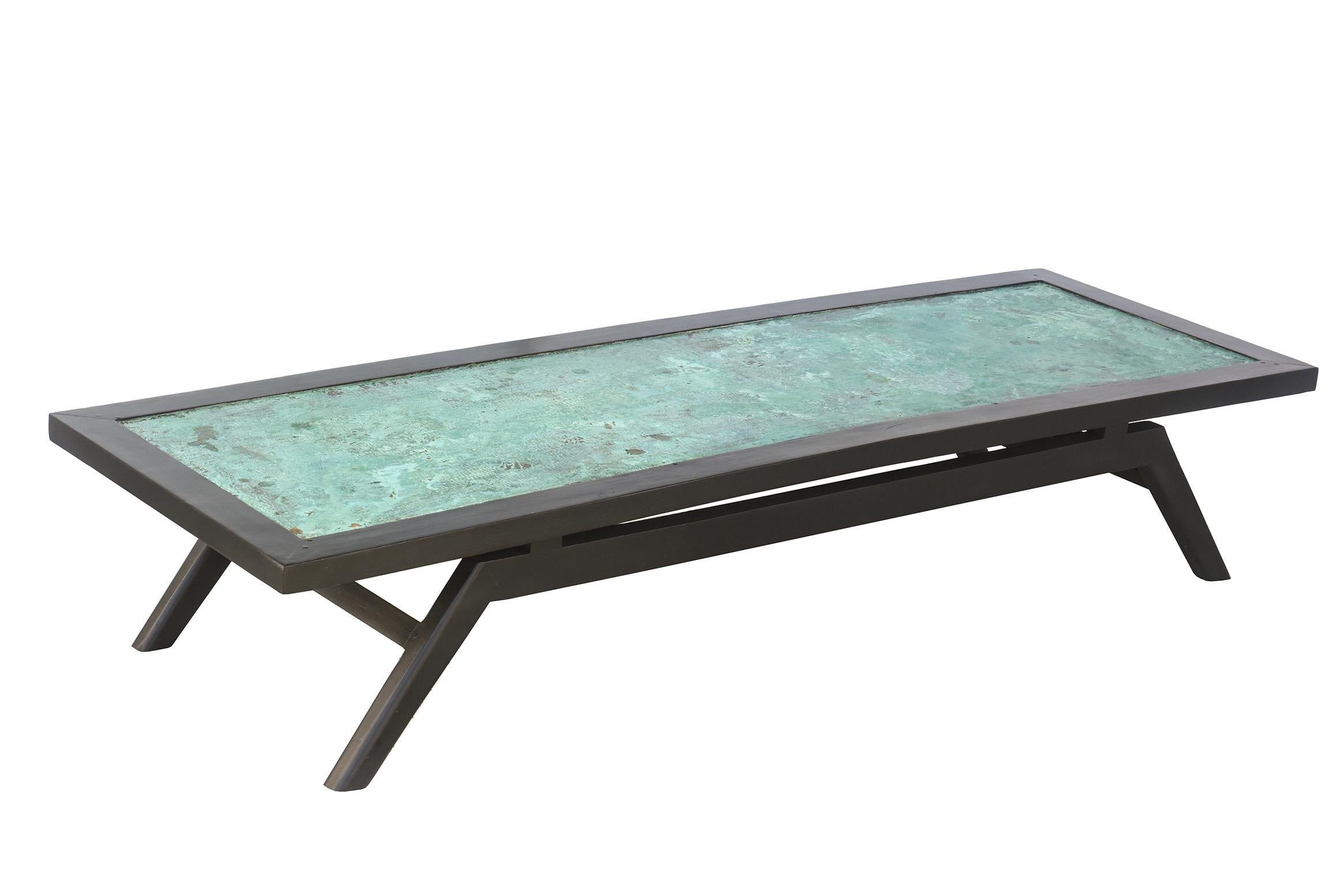 Mid-Century Modern Vintage Rectangular Black Wood and Patinated Copper Turquoise Top Cocktail Table For Sale