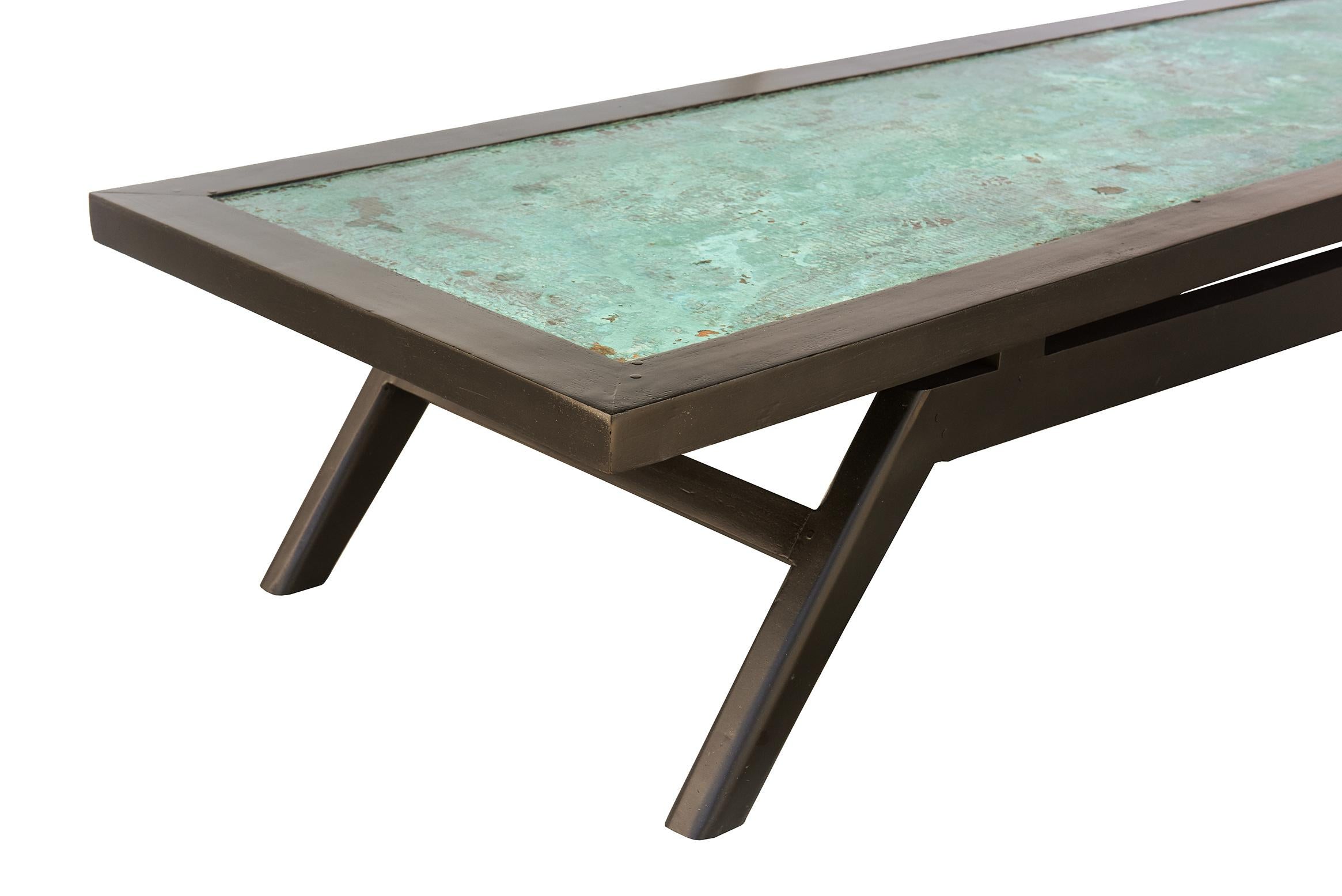American Vintage Rectangular Black Wood and Patinated Copper Turquoise Top Cocktail Table For Sale
