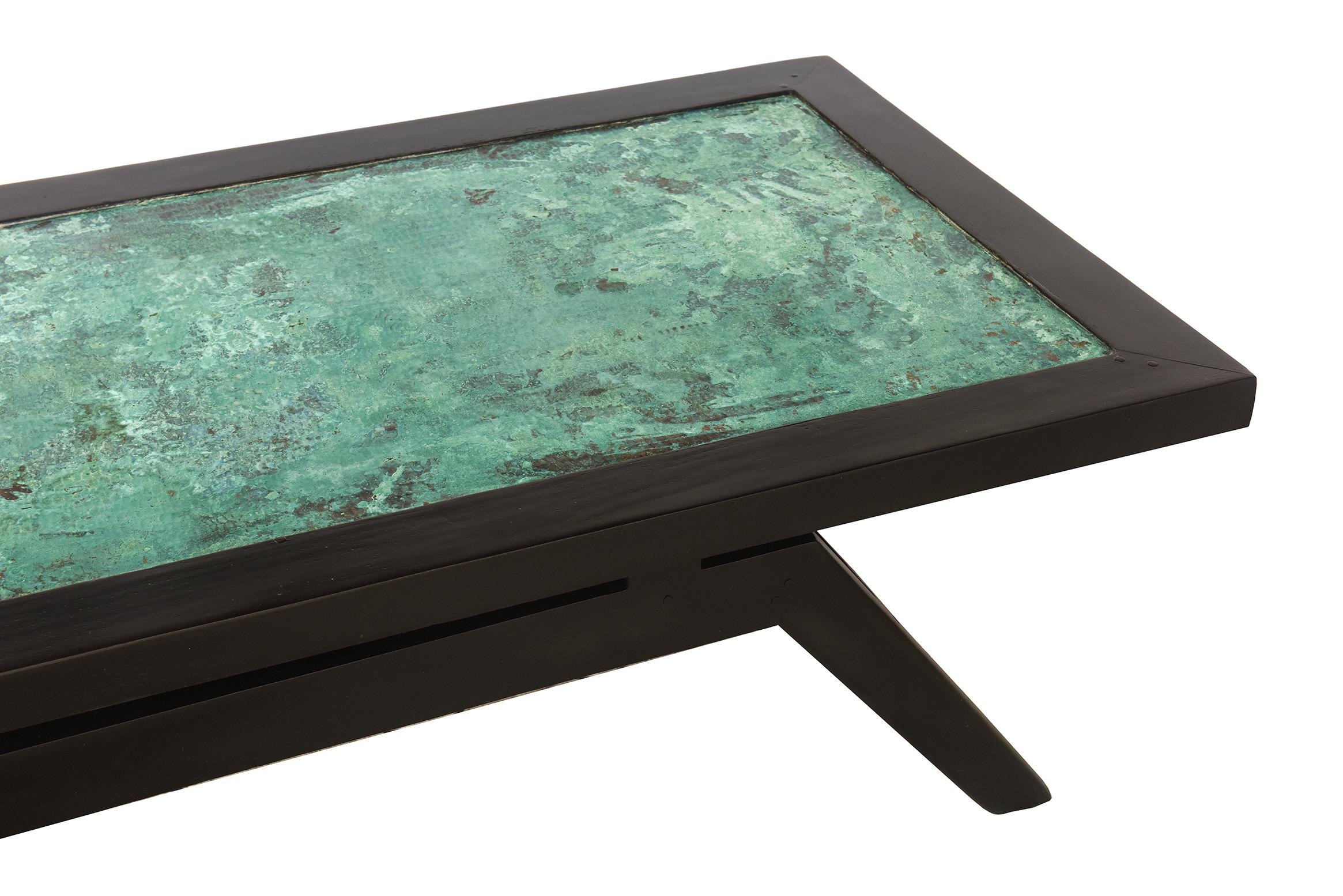 Vintage Rectangular Black Wood and Patinated Copper Turquoise Top Cocktail Table In Good Condition For Sale In North Miami, FL