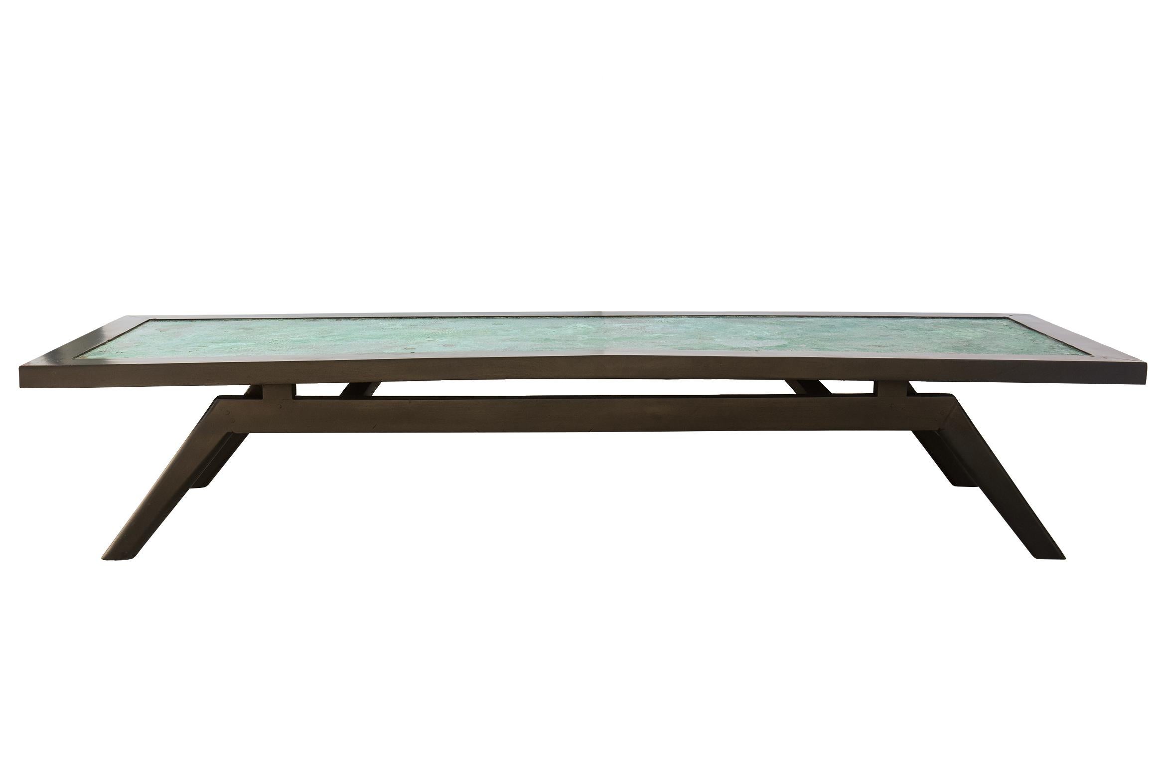 Vintage Rectangular Black Wood and Patinated Copper Turquoise Top Cocktail Table For Sale 2