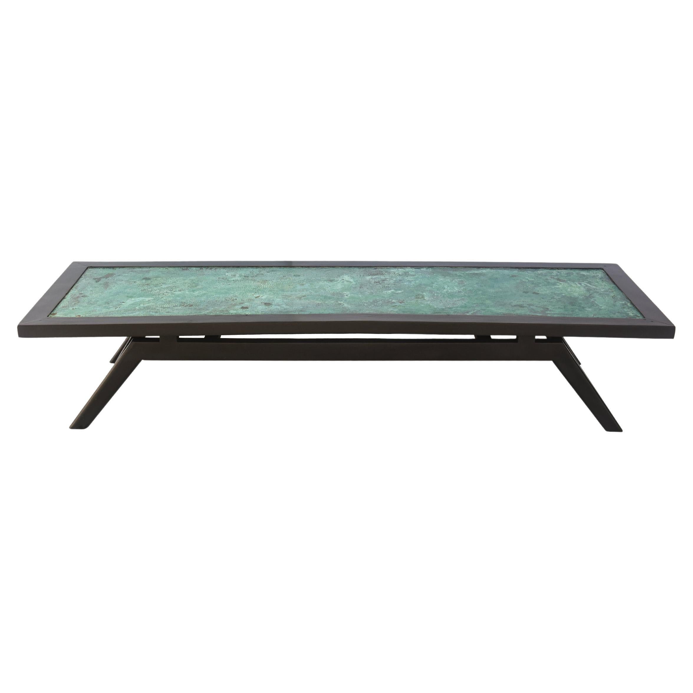 Vintage Rectangular Black Wood and Patinated Copper Turquoise Top Cocktail Table