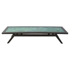 Retro Rectangular Black Wood and Patinated Copper Turquoise Top Cocktail Table