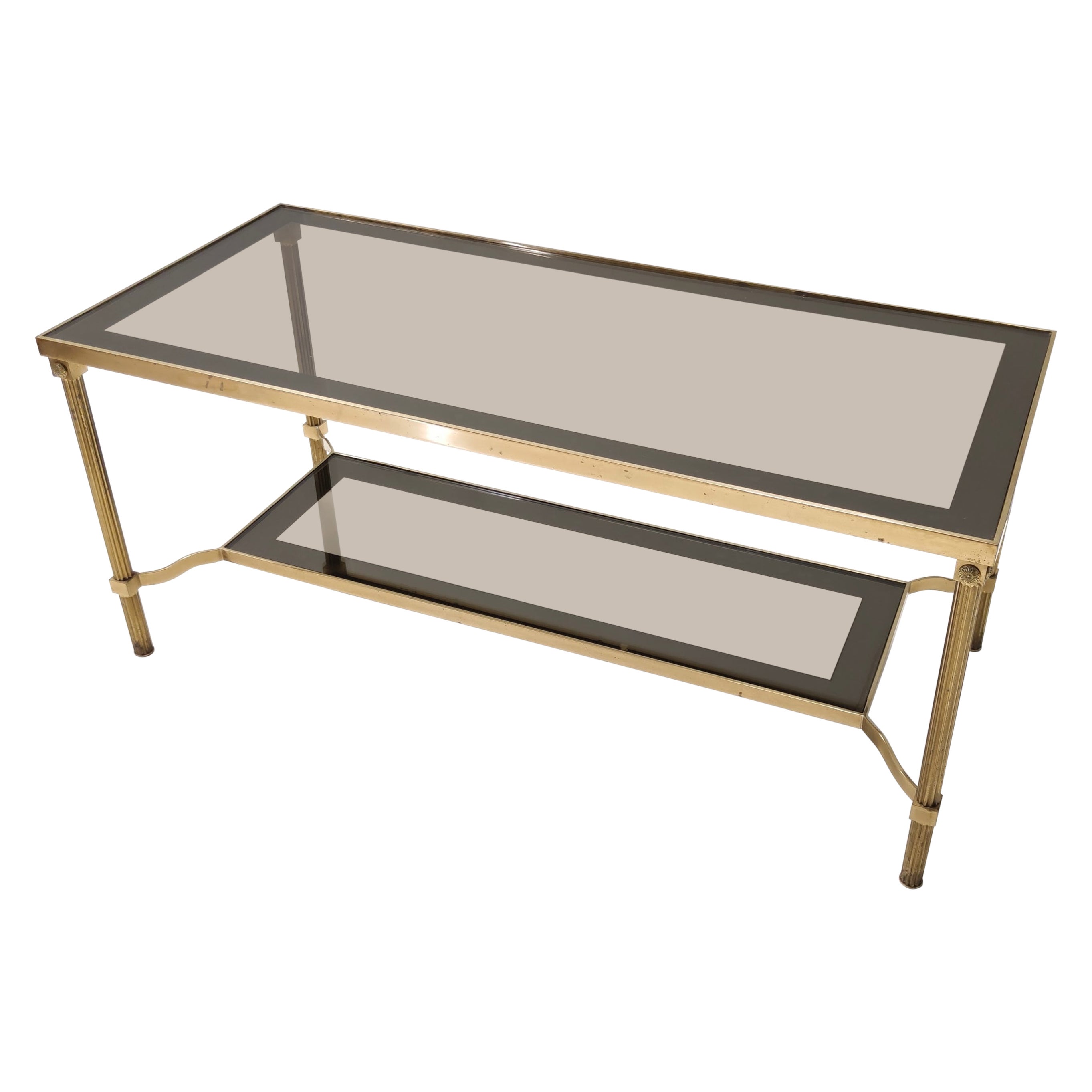 Table basse rectangulaire vintage en laiton avec bords en verre miroir, Italie