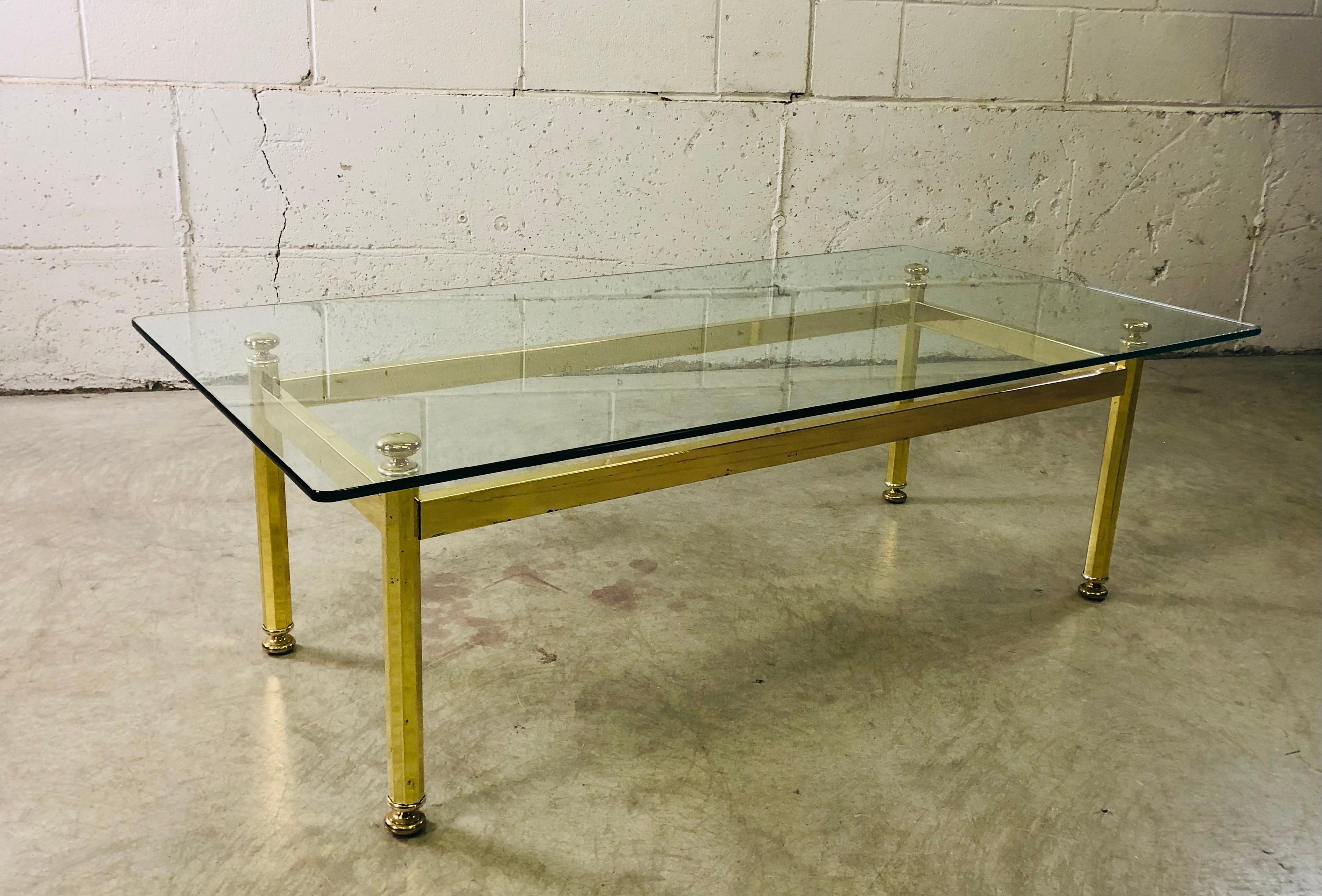 Mid-Century Modern Vintage Rectangular Brass and Glass Top Coffee Table For Sale