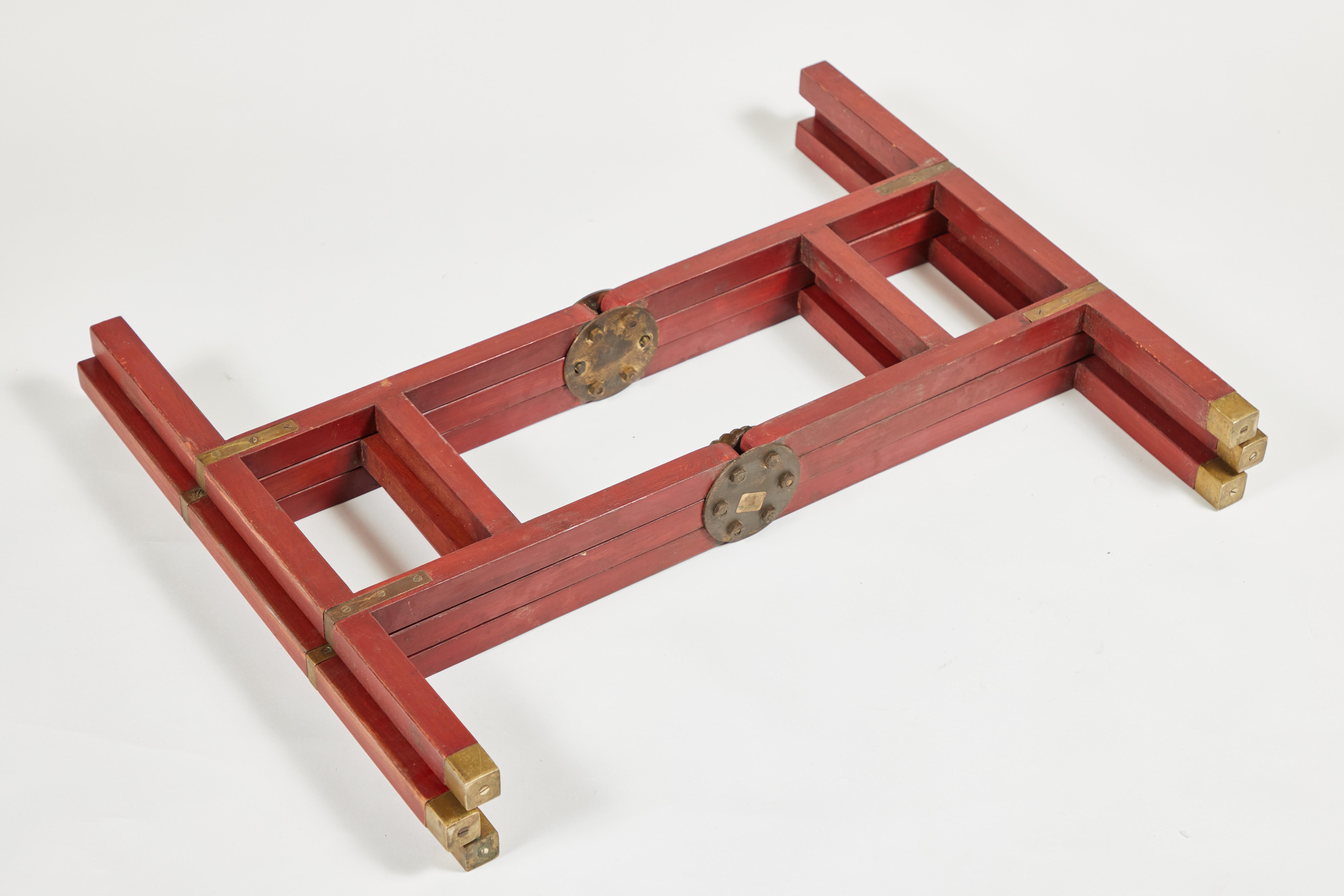Vintage Rectangular Brass Tray Table with Red Folding Base 6