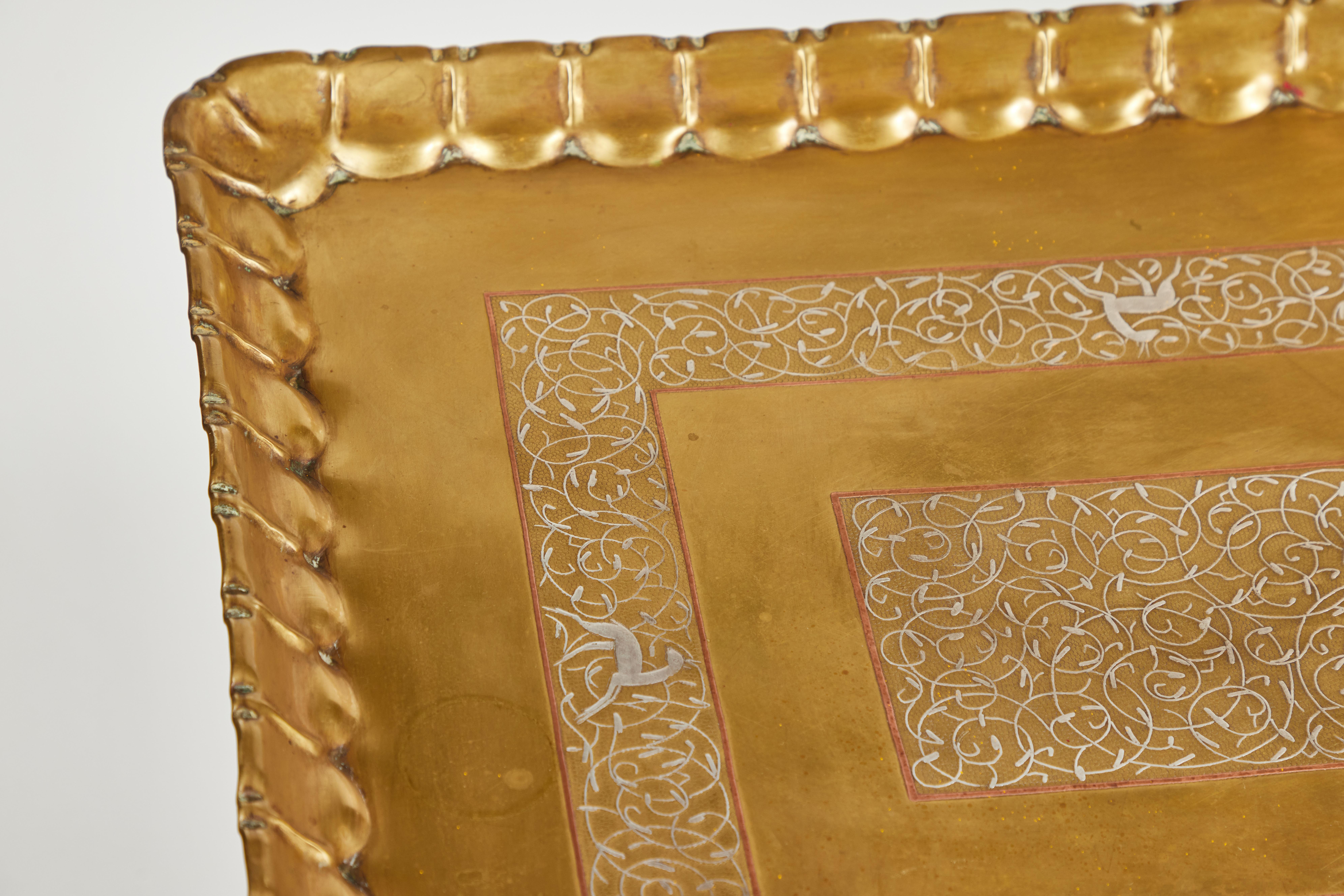 Vintage Rectangular Brass Tray Table with Red Folding Base In Good Condition In Pasadena, CA