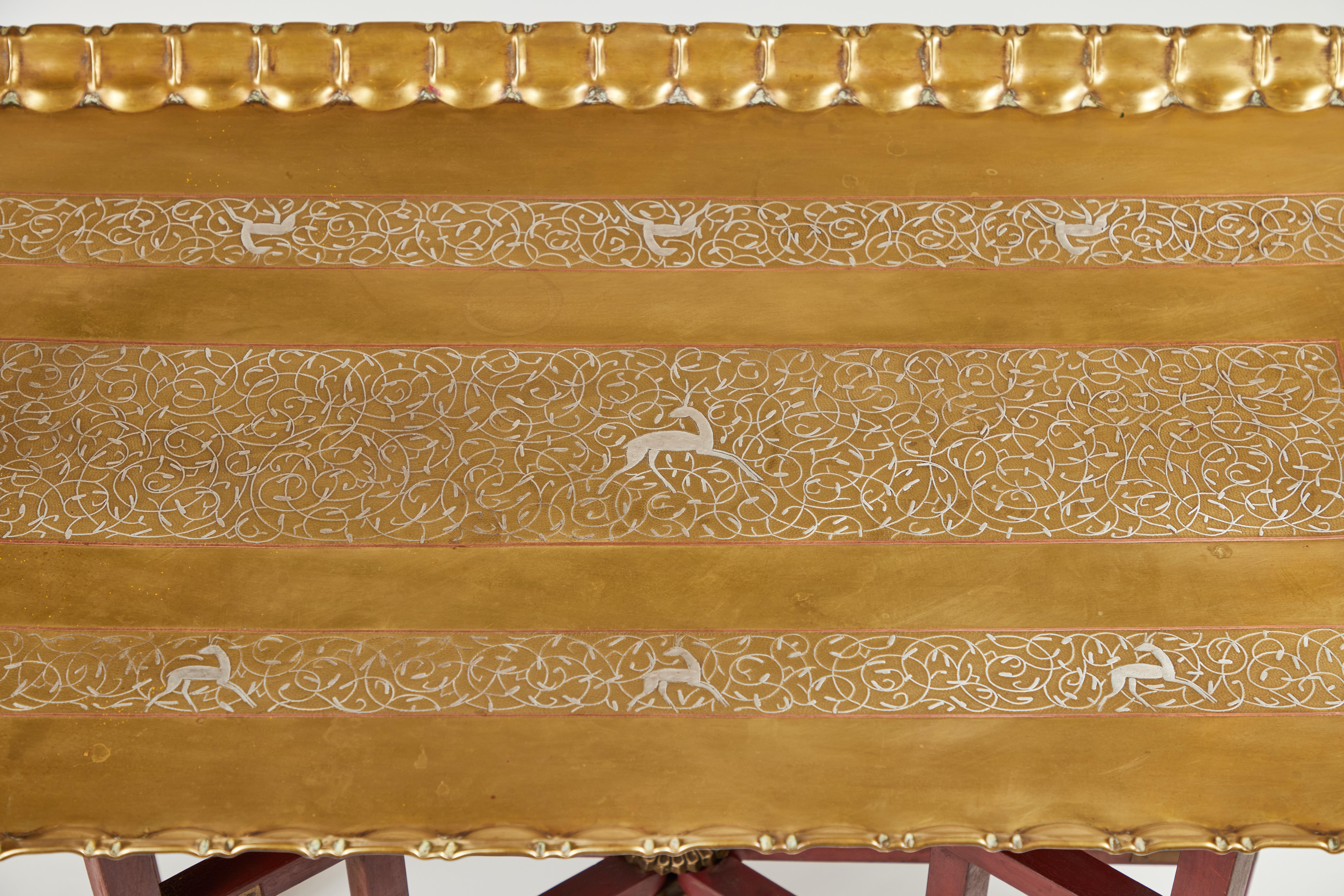 20th Century Vintage Rectangular Brass Tray Table with Red Folding Base