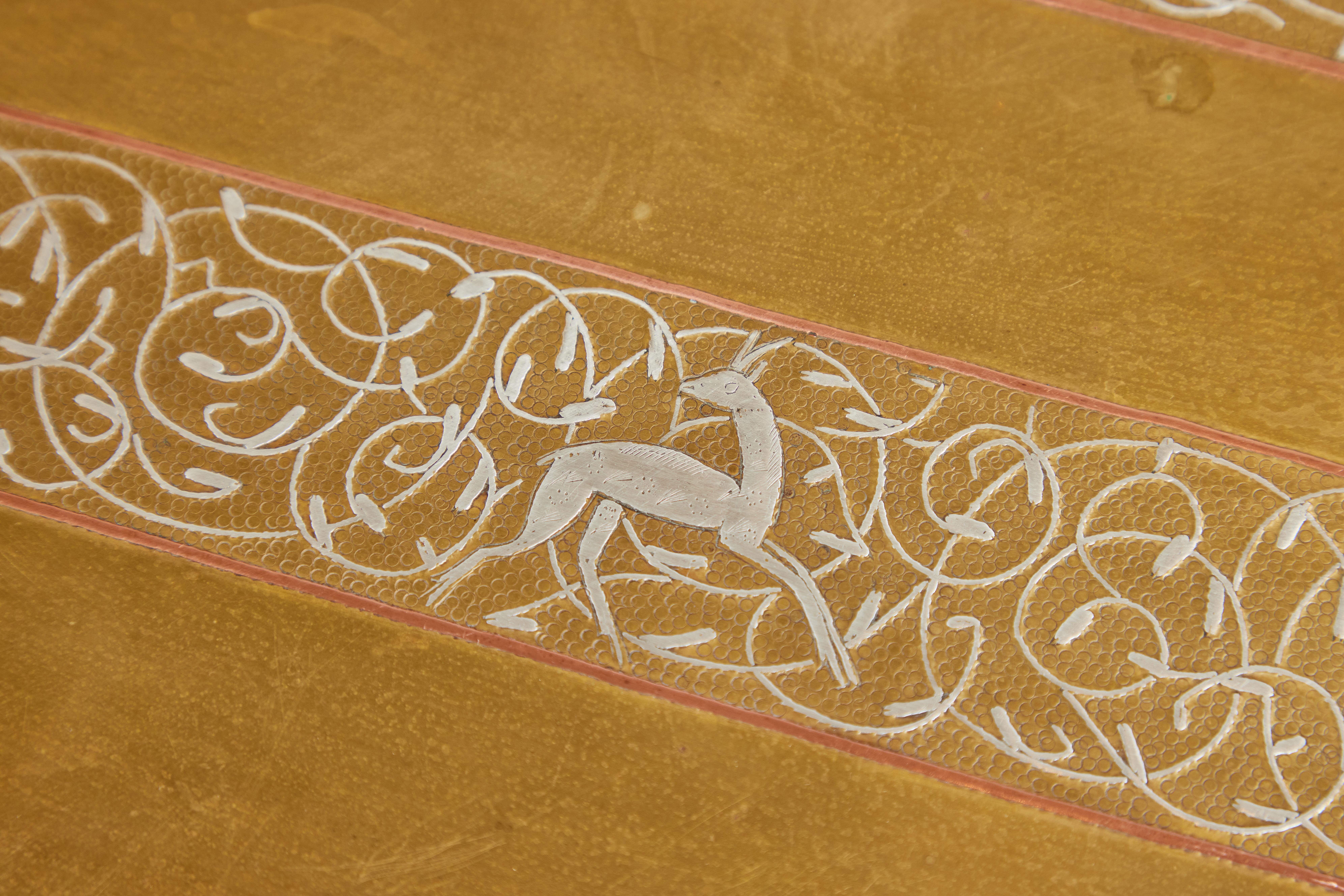 Vintage Rectangular Brass Tray Table with Red Folding Base 1