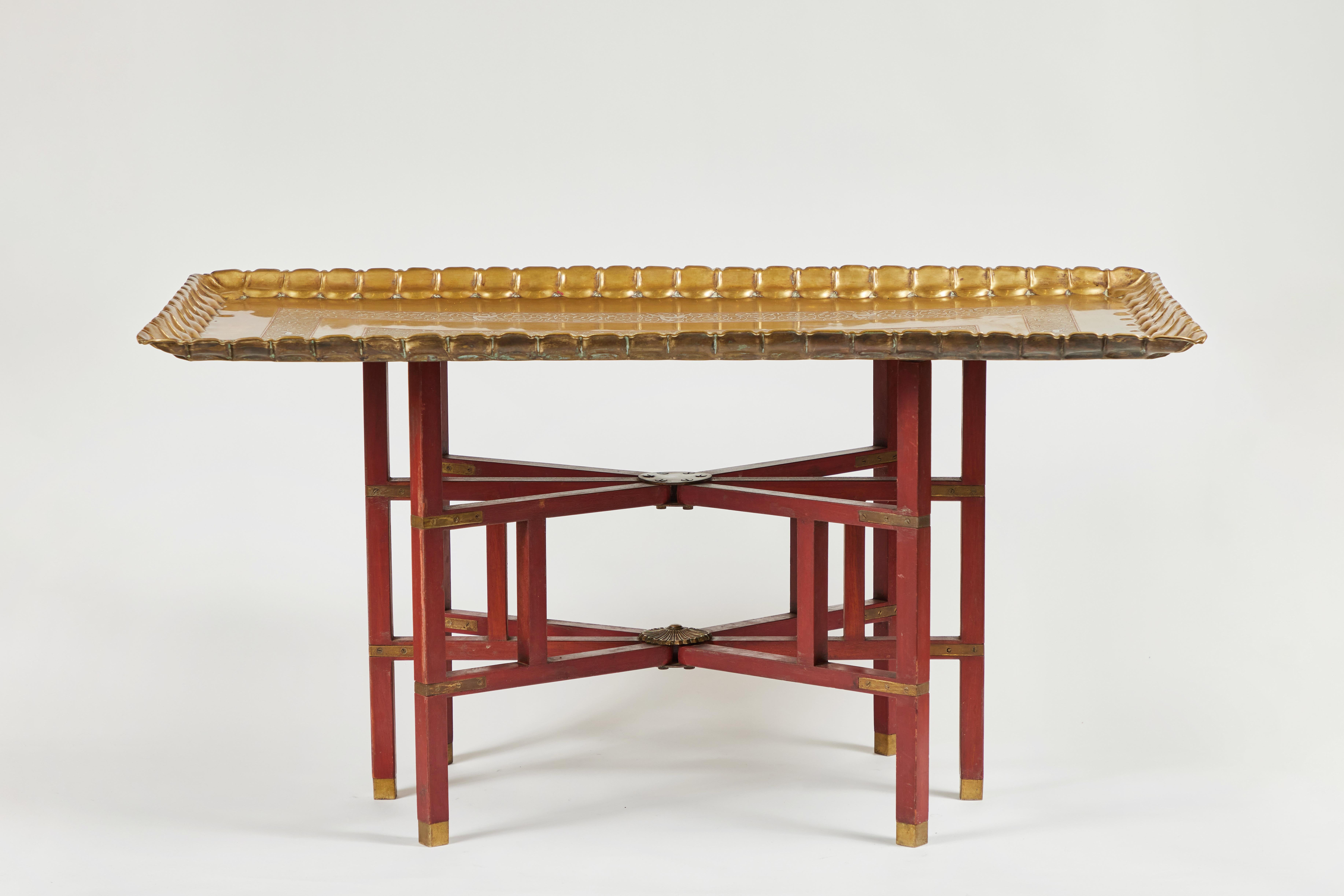 Vintage Rectangular Brass Tray Table with Red Folding Base 2