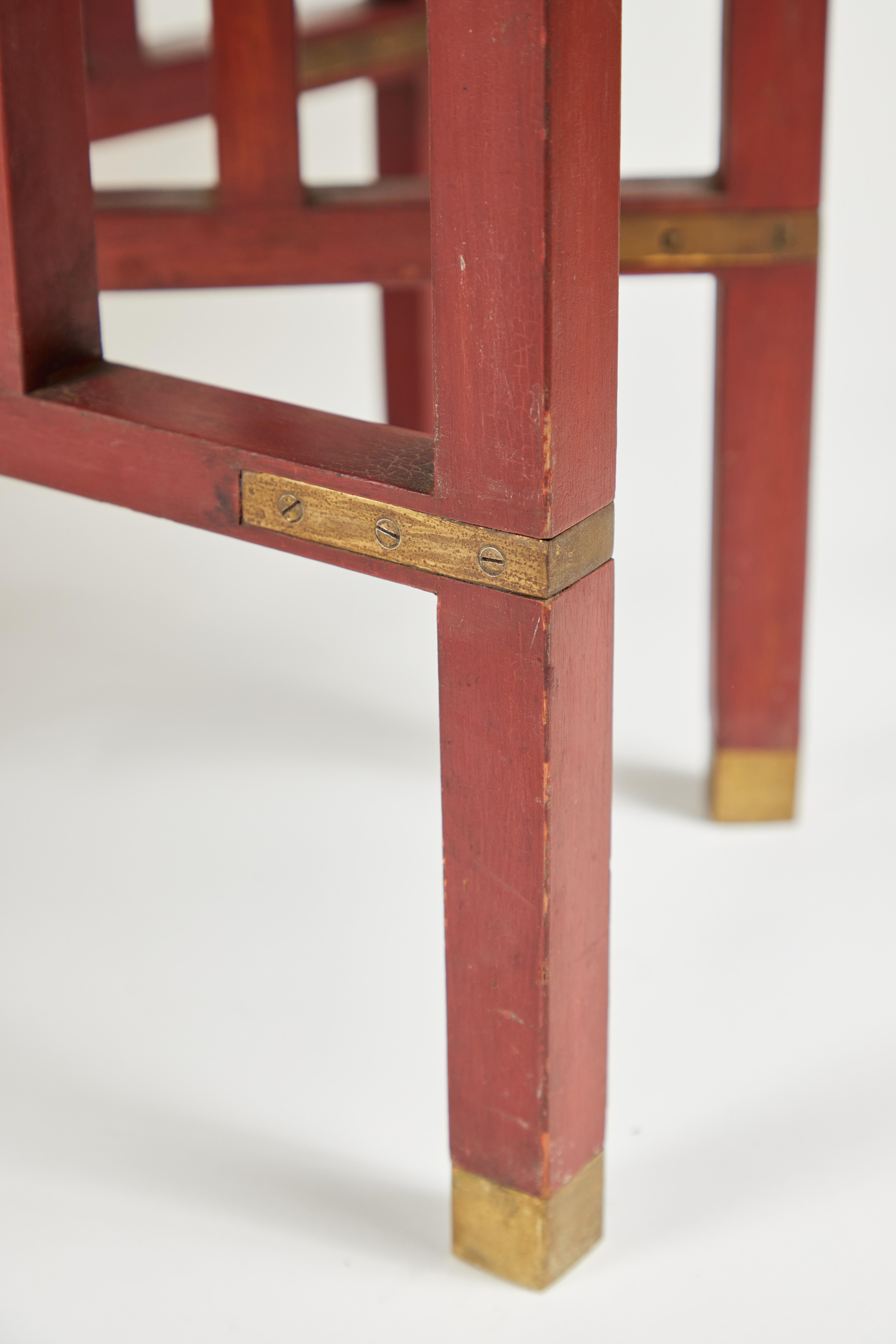 Vintage Rectangular Brass Tray Table with Red Folding Base 3